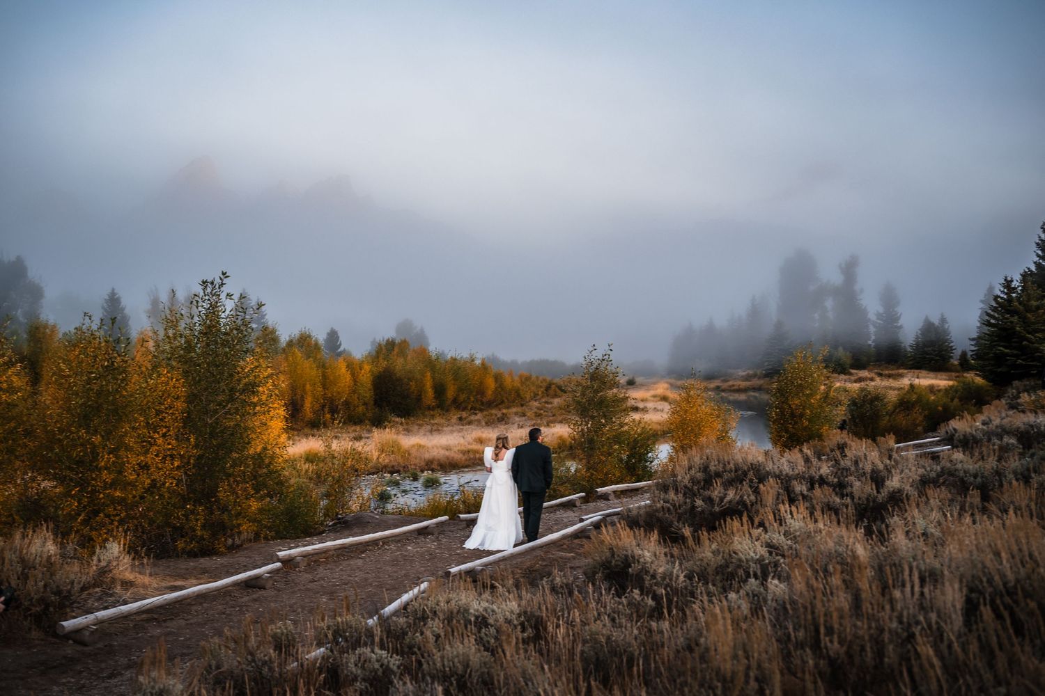 Panoramic mountain landscape with evergreen trees and misty clouds creating a dramatic wedding backdrop.
