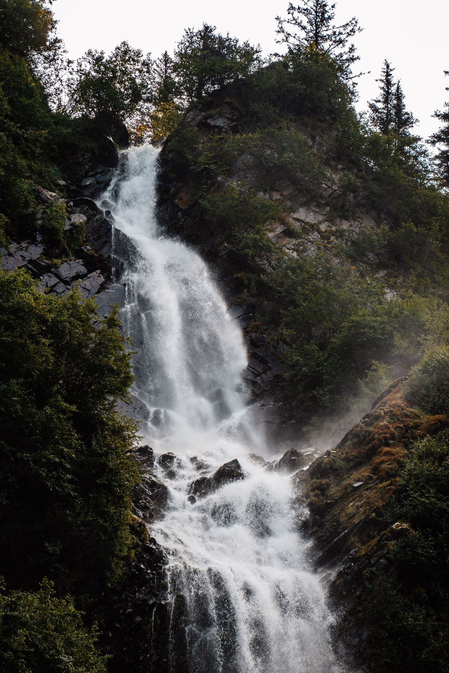 A powerful waterfall cascades down a rocky cliff face surrounded by dense forest.
