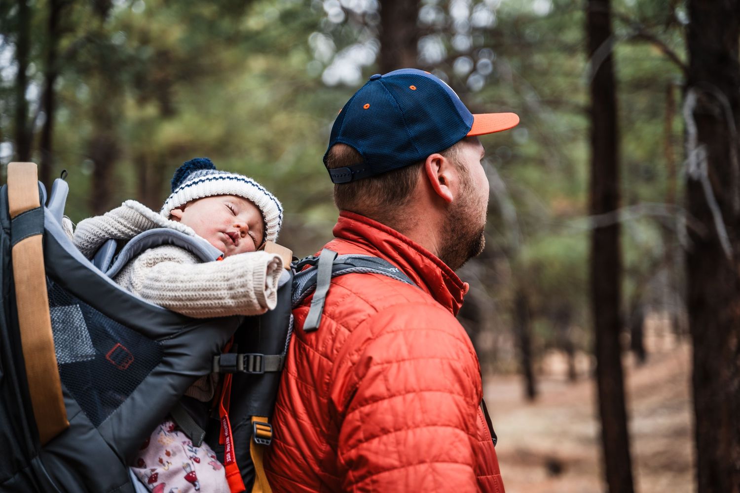 A sleeping baby bundled in winter clothes rests in a backpack carrier while hiking through a pine forest.