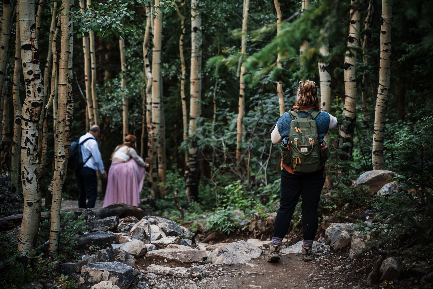 Hikers walk along a rocky forest trail surrounded by tall trees and lush greenery in a peaceful woodland setting.