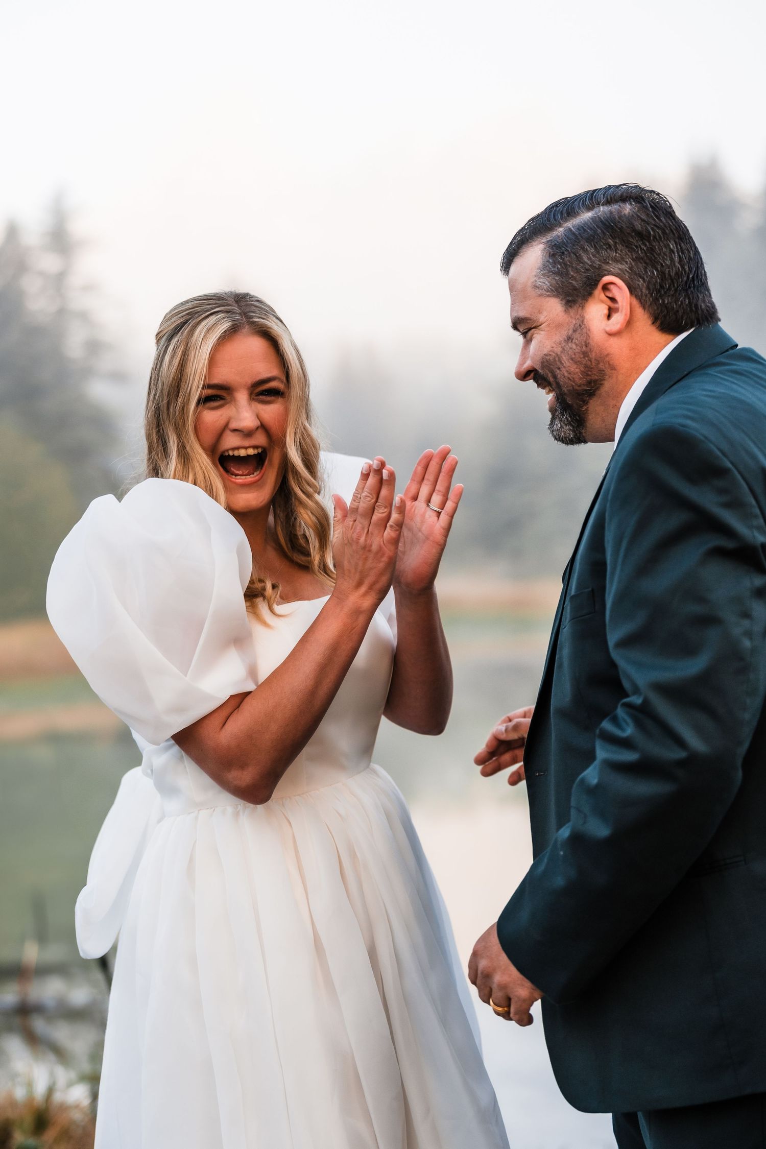 A series of candid moments showing joyful reactions between a couple in wedding attire.