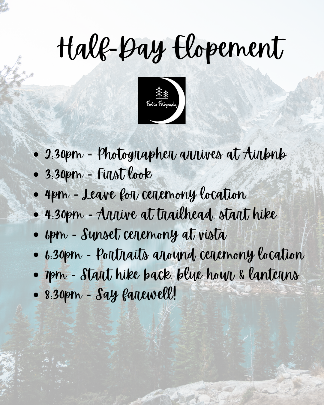 Half-day elopement timeline schedule displayed over a misty mountain landscape background with event details from 2:30pm to 7:30pm.