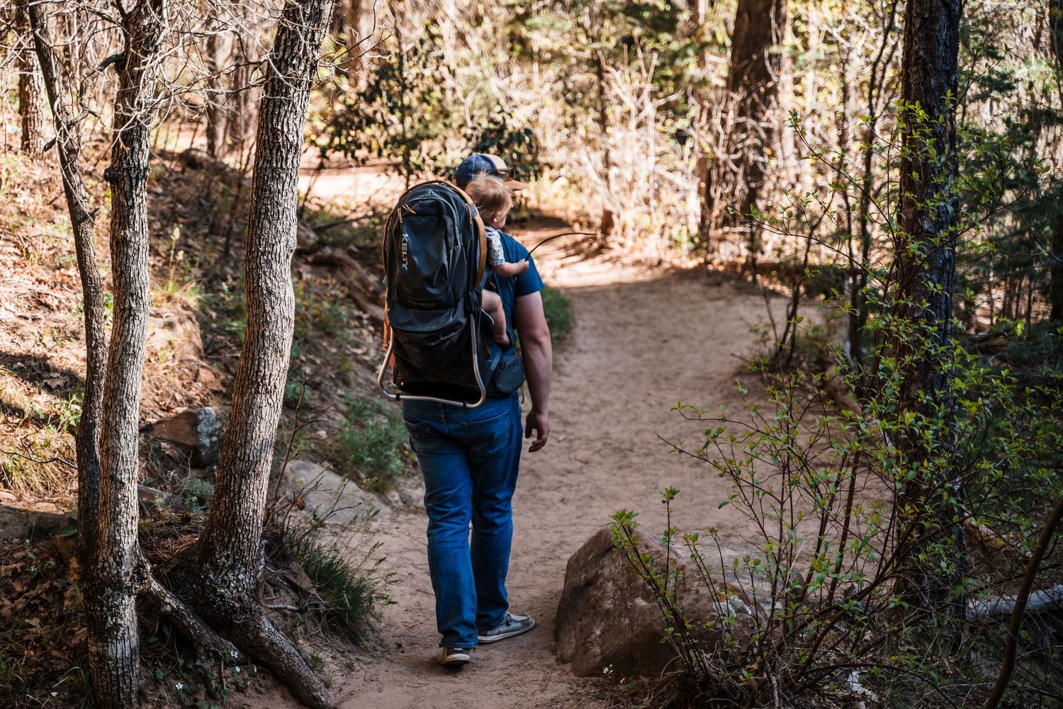 A hiker wearing a blue backpack walks along a winding dirt trail through a sunlit forest.