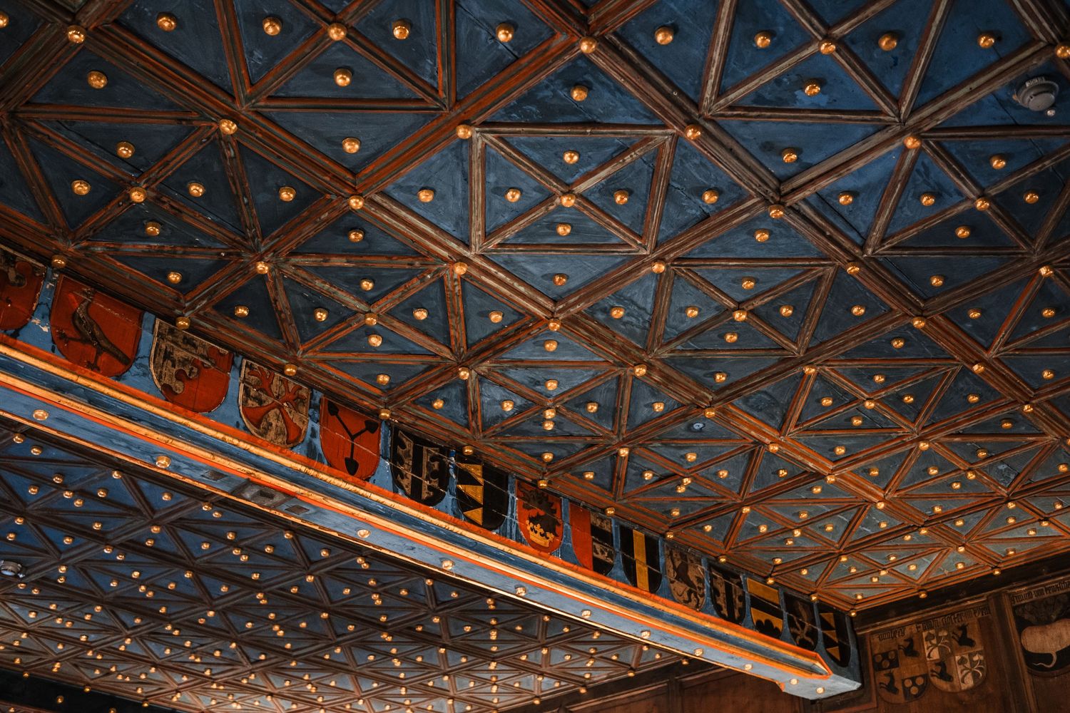 Geometric wooden ceiling with ornate pattern of lights creating an elegant architectural detail.
