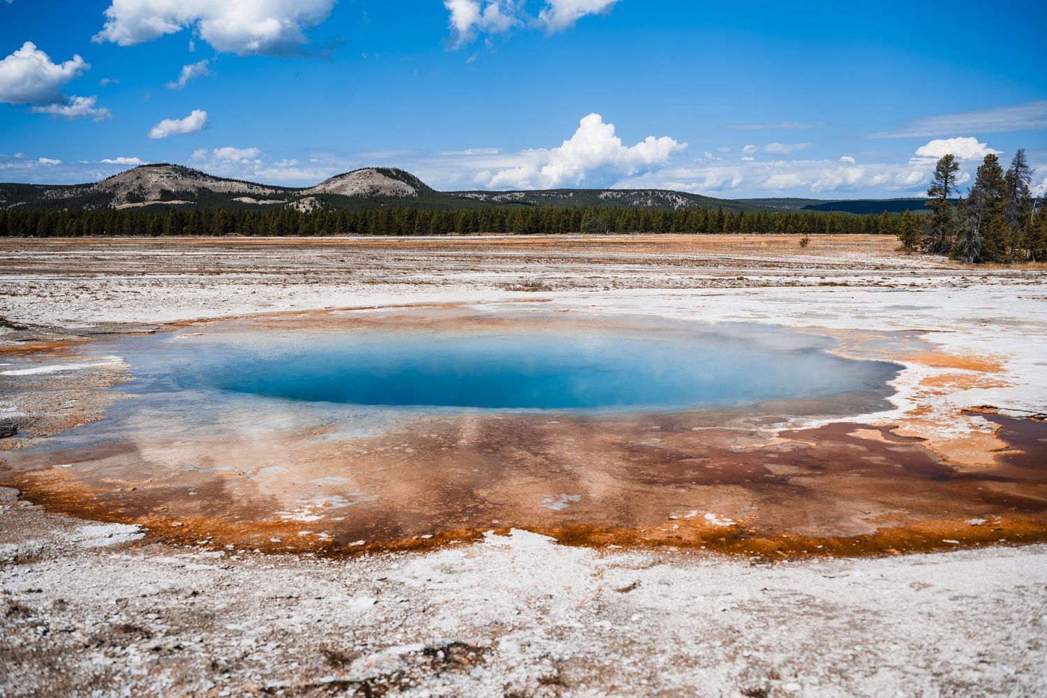 Panoramic view of colorful geothermal hot springs and mineral deposits at Yellowstone National Park under blue sky.