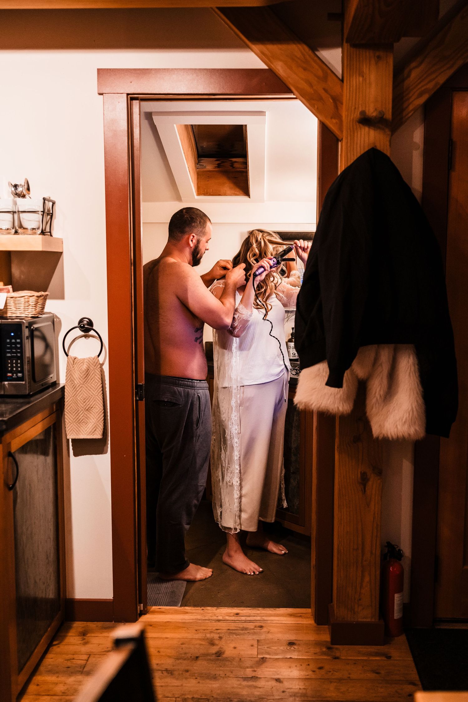 Series of getting ready photos showing preparations in a rustic wooden cabin interior.