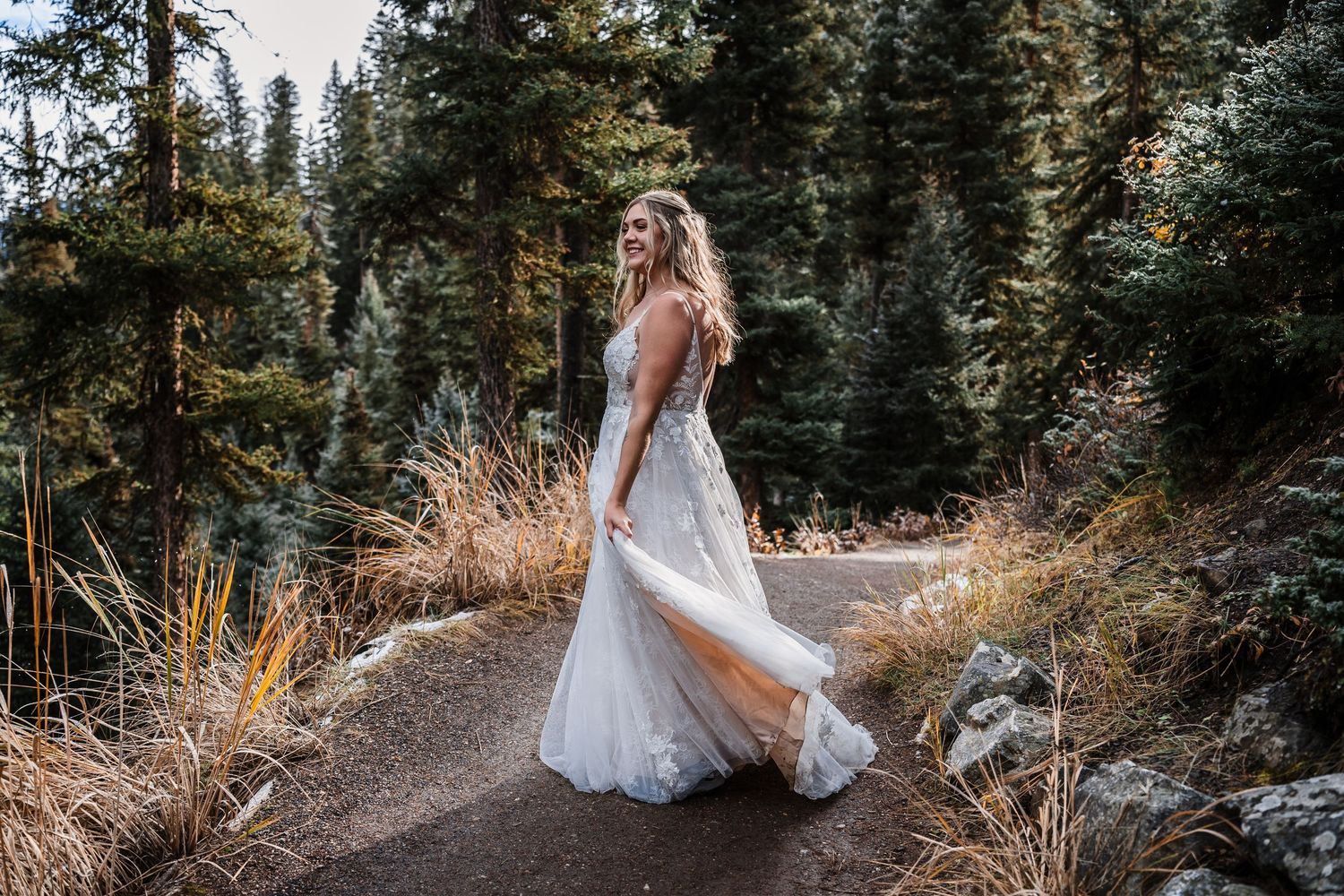 Wedding photography in a mountain forest setting with pine trees and golden light.