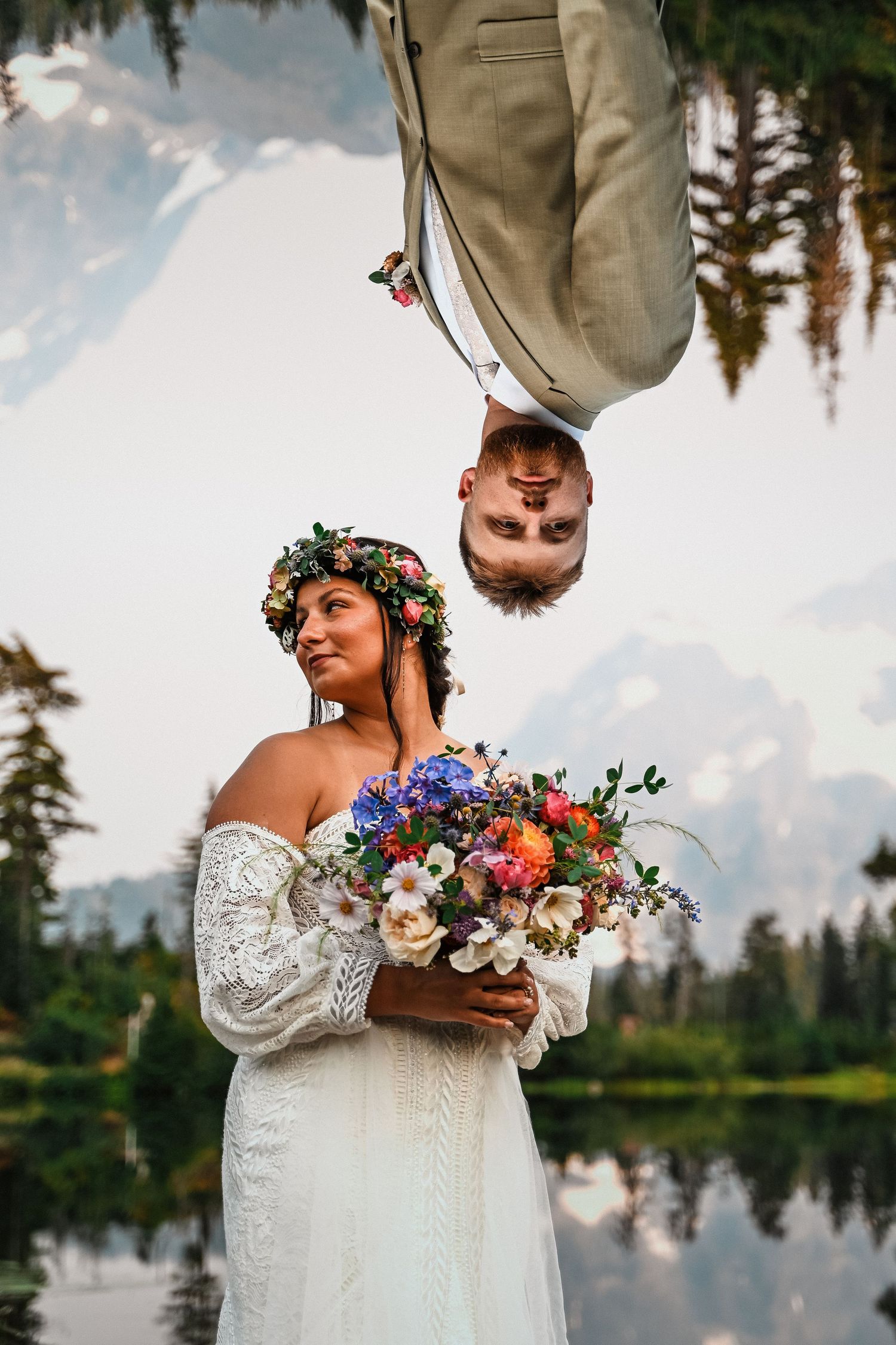 Floral crown and bouquet details against mountain backdrop at Picture Lake in Mount Baker.