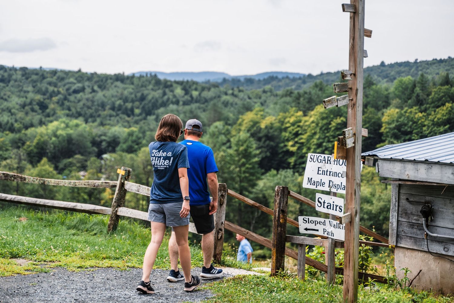 Two people enjoy a scenic overlook from a hillside trail with lush green mountains in the distance on a summer day.