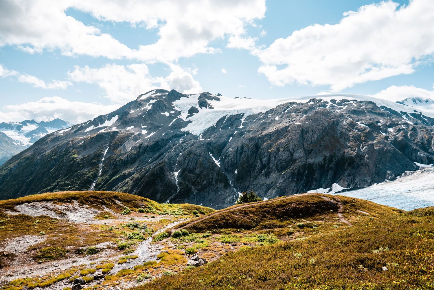 Snow-dusted mountain peaks rise above golden alpine meadows under puffy white clouds.