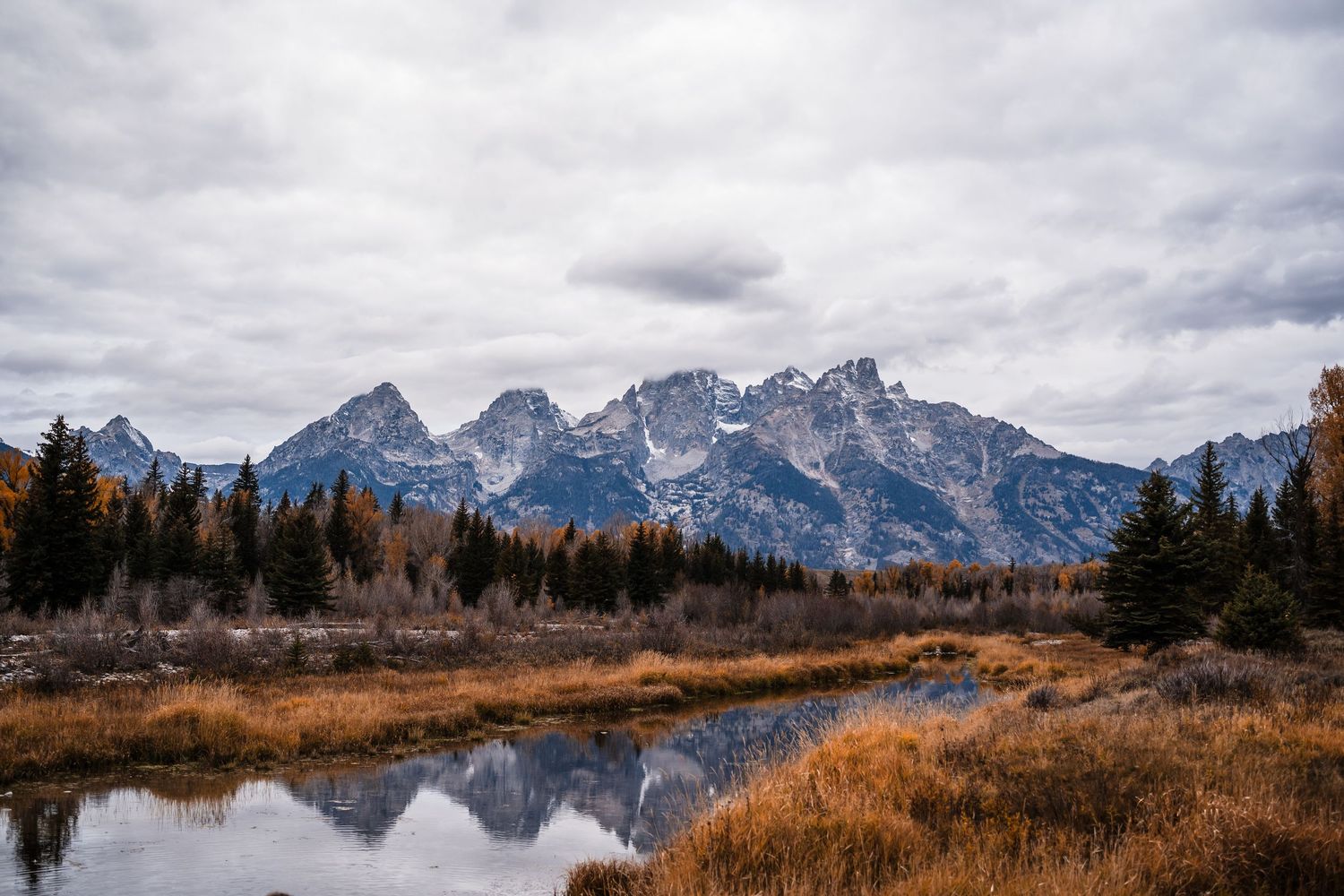 Snow-capped Teton mountains reflect in calm lake waters surrounded by golden autumn grasslands.
