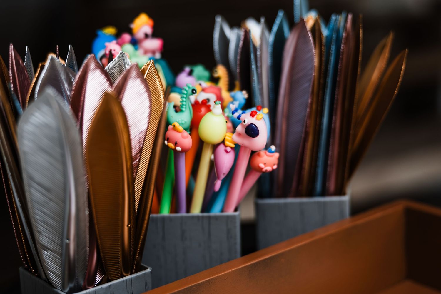 Colorful toy decorations visible in dark wooden furniture setting.