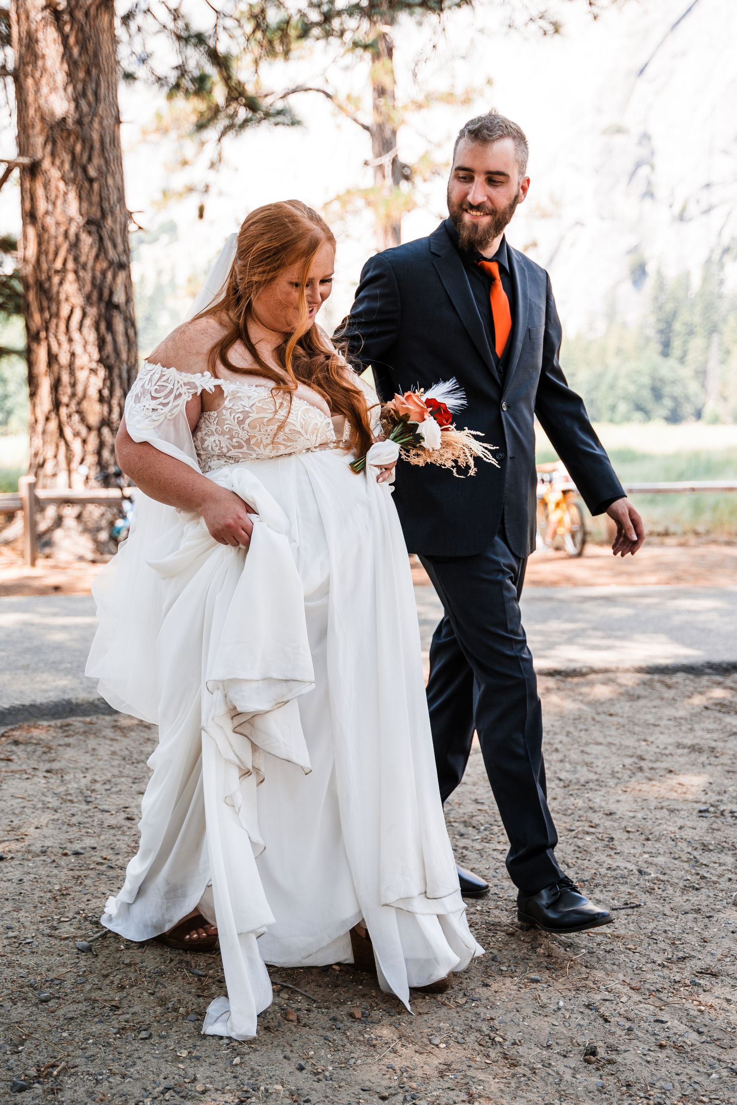 A series of candid wedding shots showing playful moments between newlyweds outdoors among pine trees.
