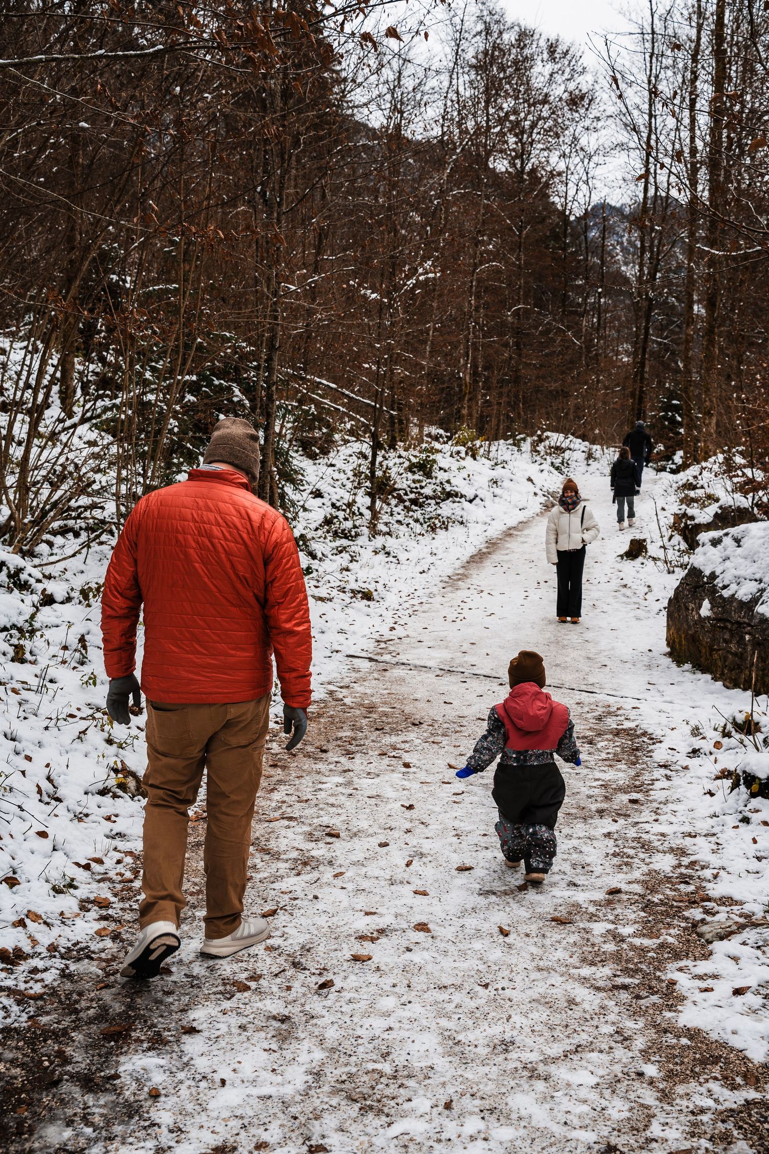 People walking along a snowy winter trail through bare trees wearing warm winter coats.