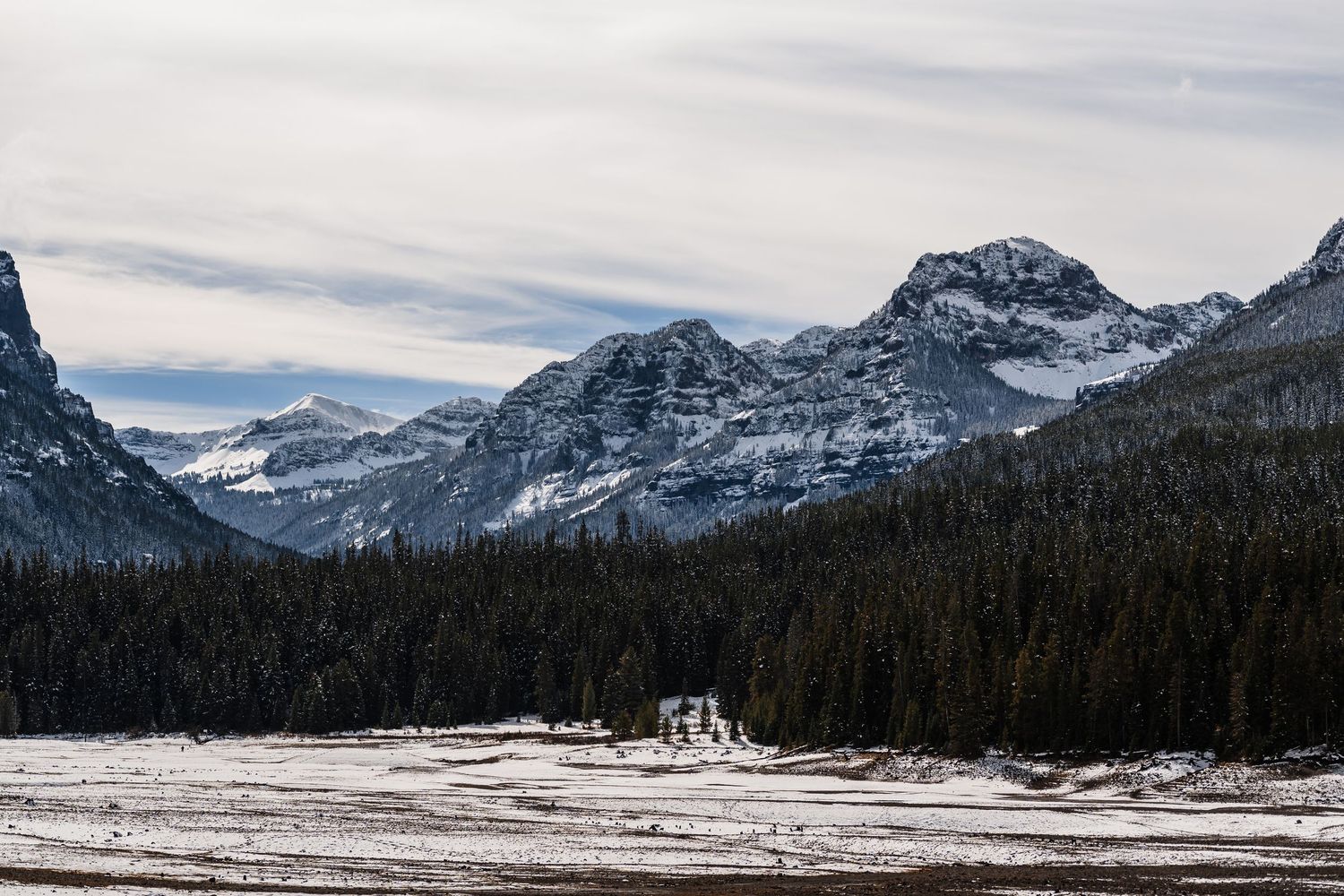 A panoramic view of snow-capped mountains and evergreen forests in a winter landscape stretches across the horizon.