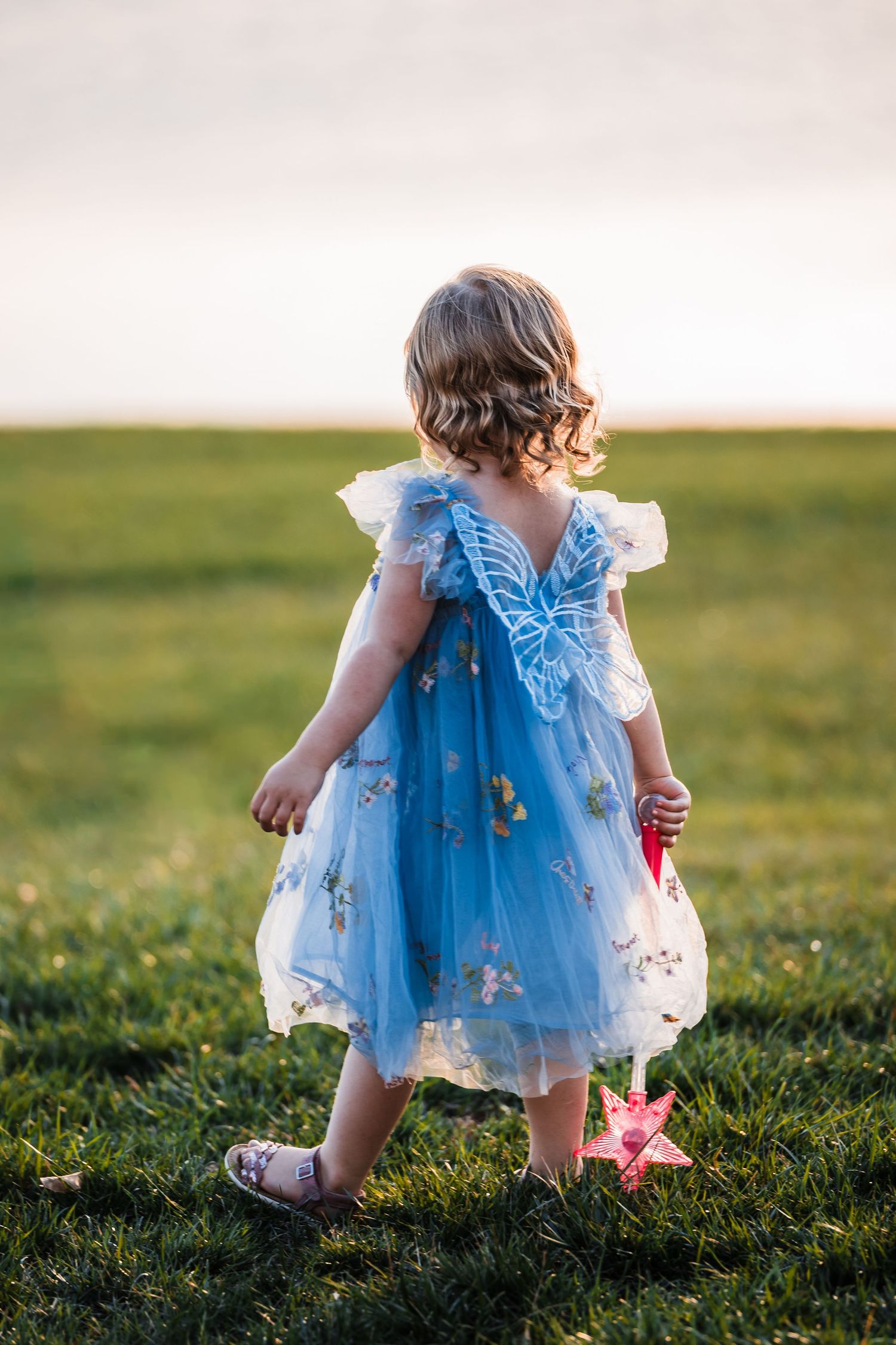 A little girl in a blue butterfly fairy dress holds a magic wand while standing on green grass at sunset.