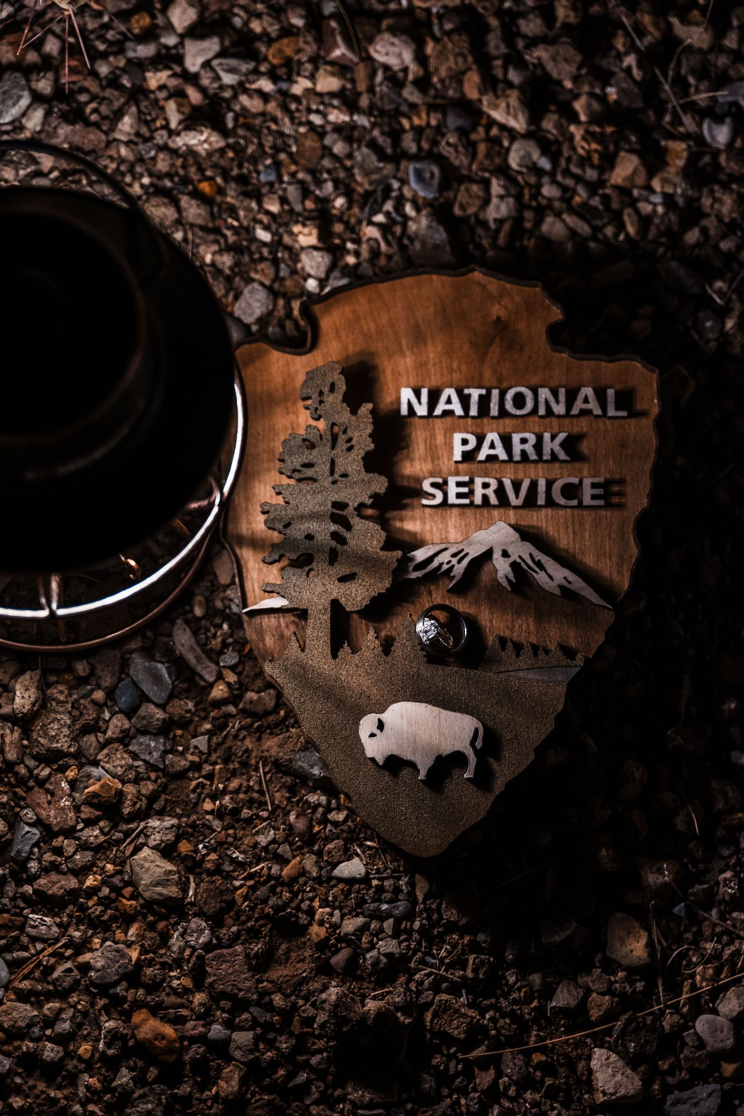 National Park Service arrowhead badge emblem against rustic soil background with a black ring.