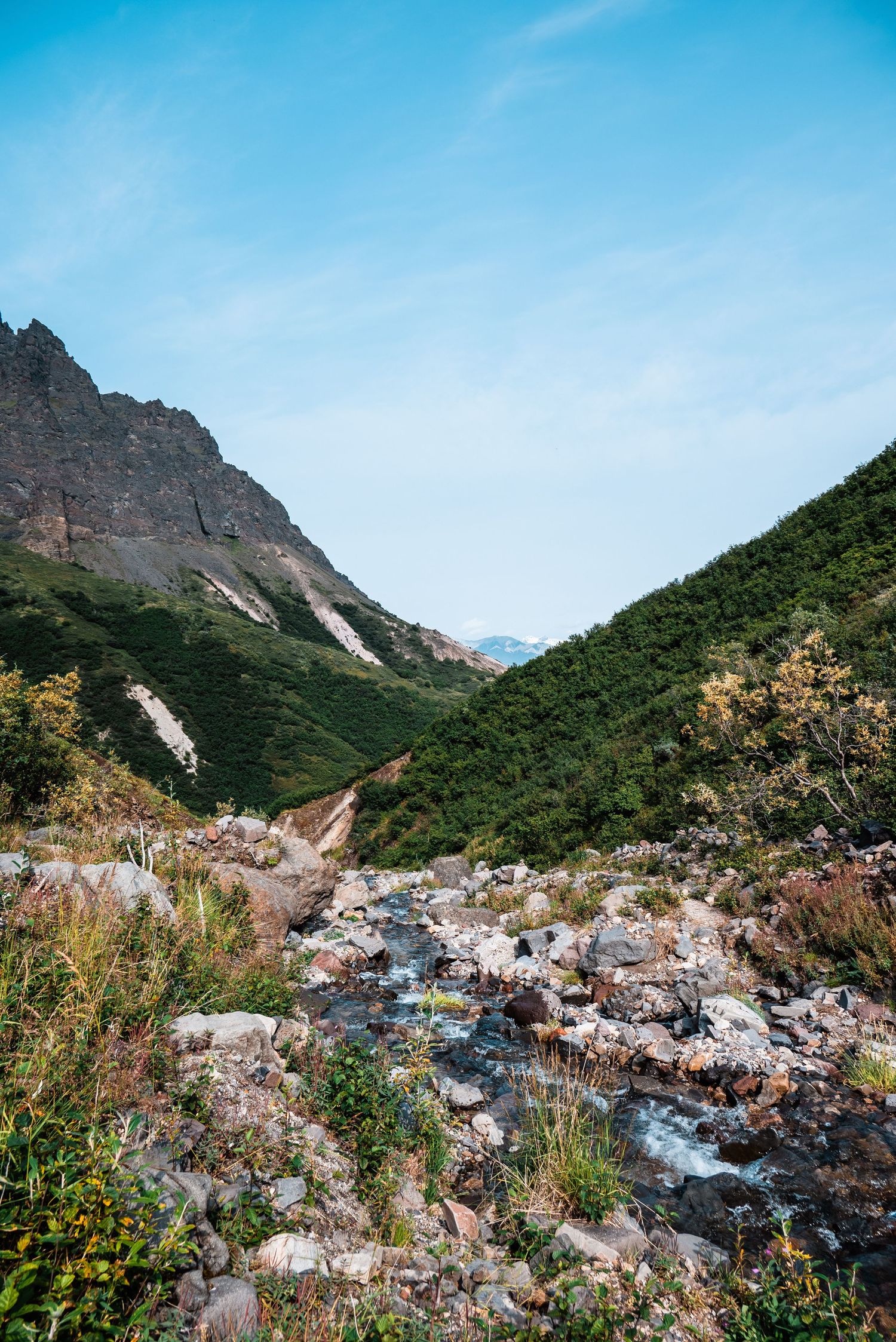 A rocky mountain stream flows through a green valley with rugged peaks and blue skies in the background.