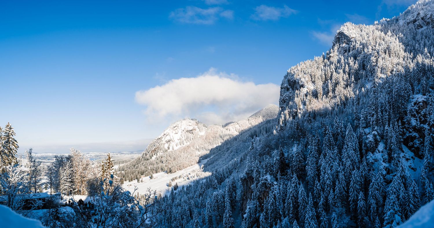 Snow-capped mountain peaks rise above evergreen forests under bright blue skies in an alpine winter landscape.
