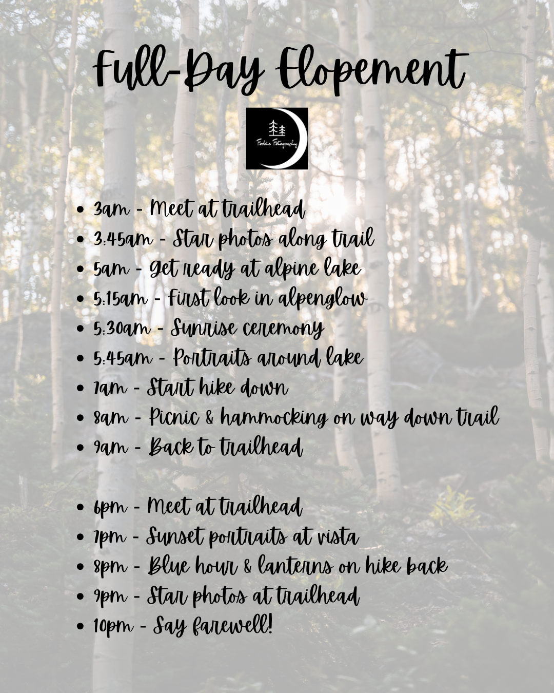 A wedding elopement day timeline written in black text on a vintage paper background with forest scenery.