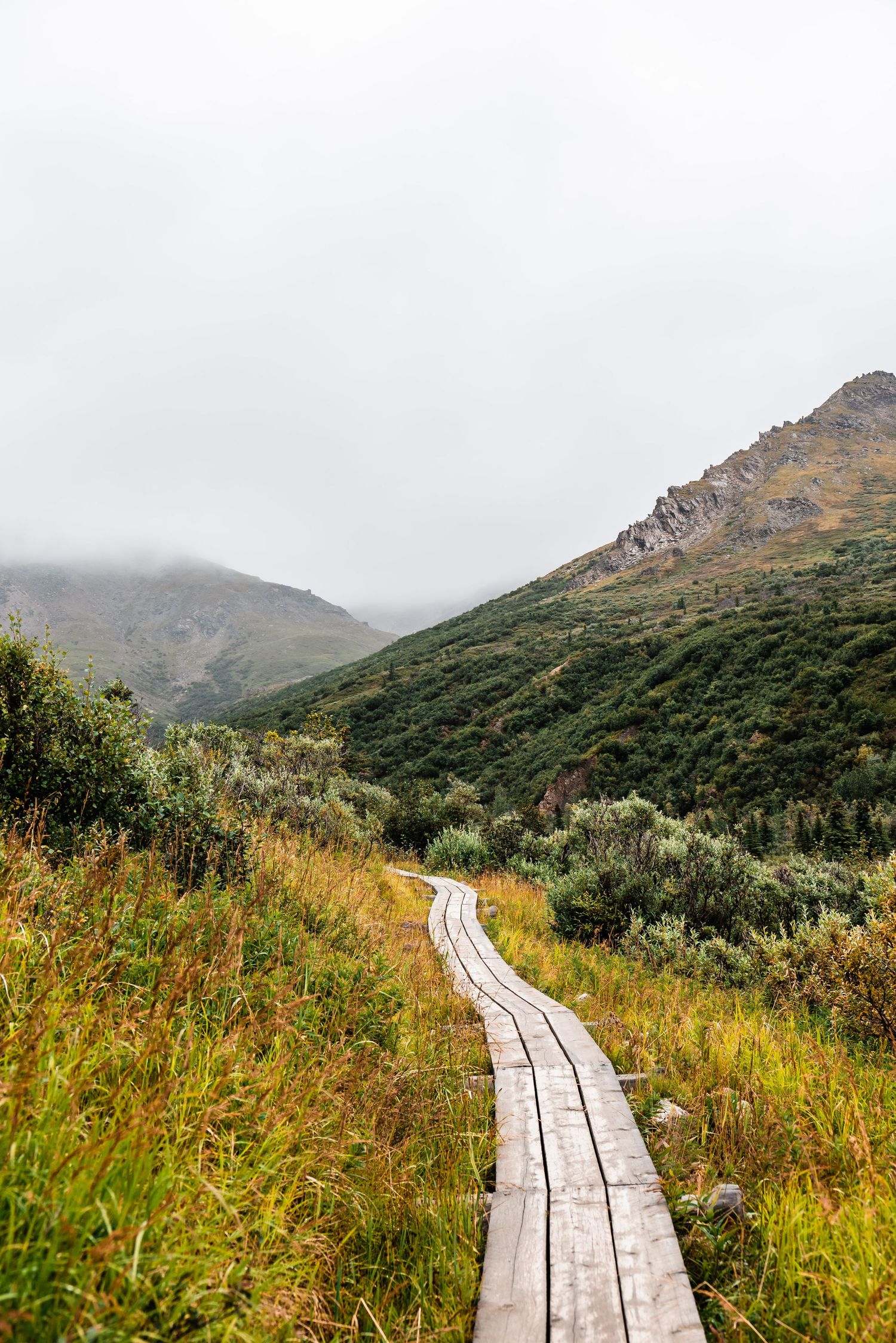 Wooden boardwalk trail winding through green mountain valley with misty peaks in the distance.