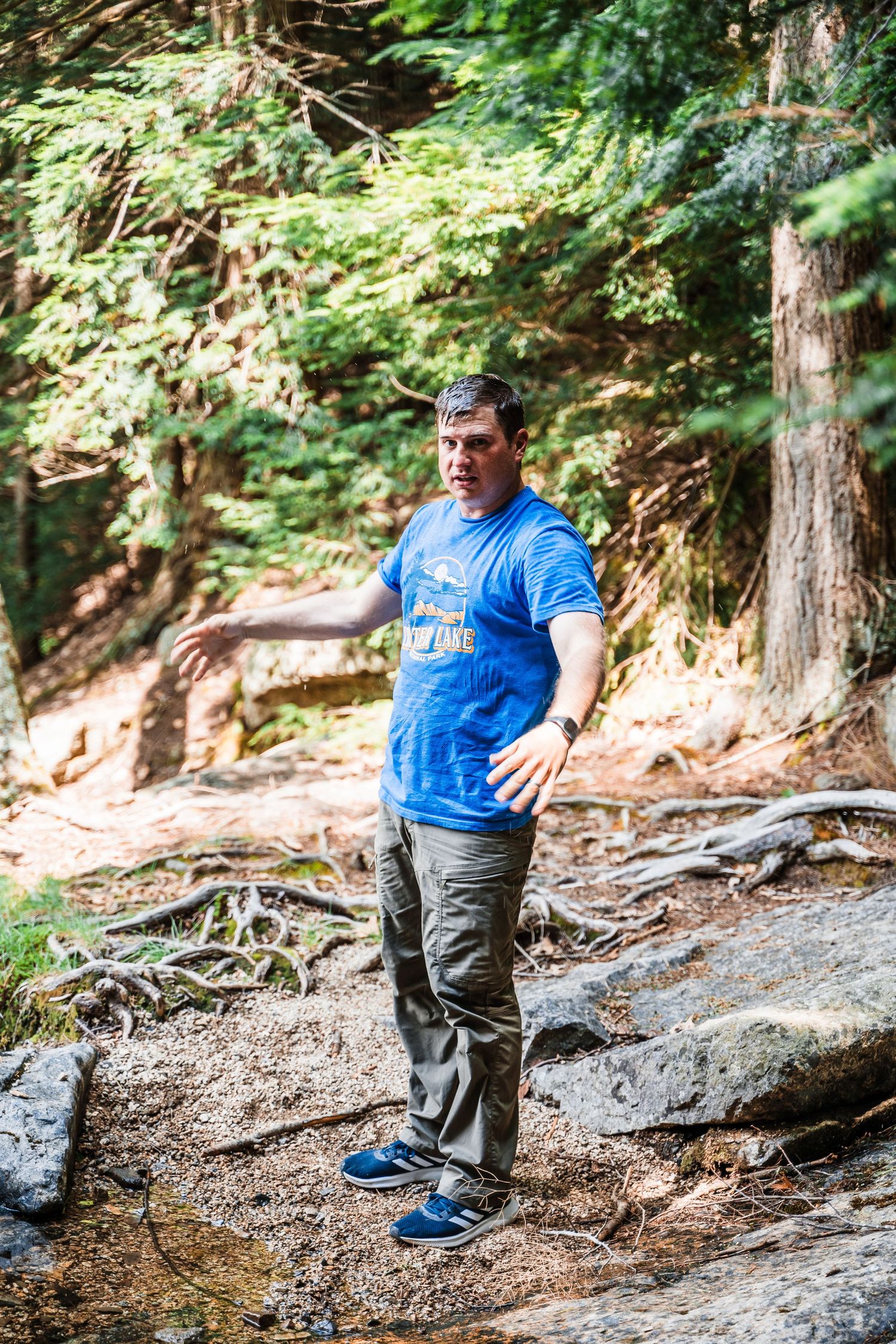 A person in a bright blue shirt stands on a forest path with exposed tree roots and rocks in natural sunlight.