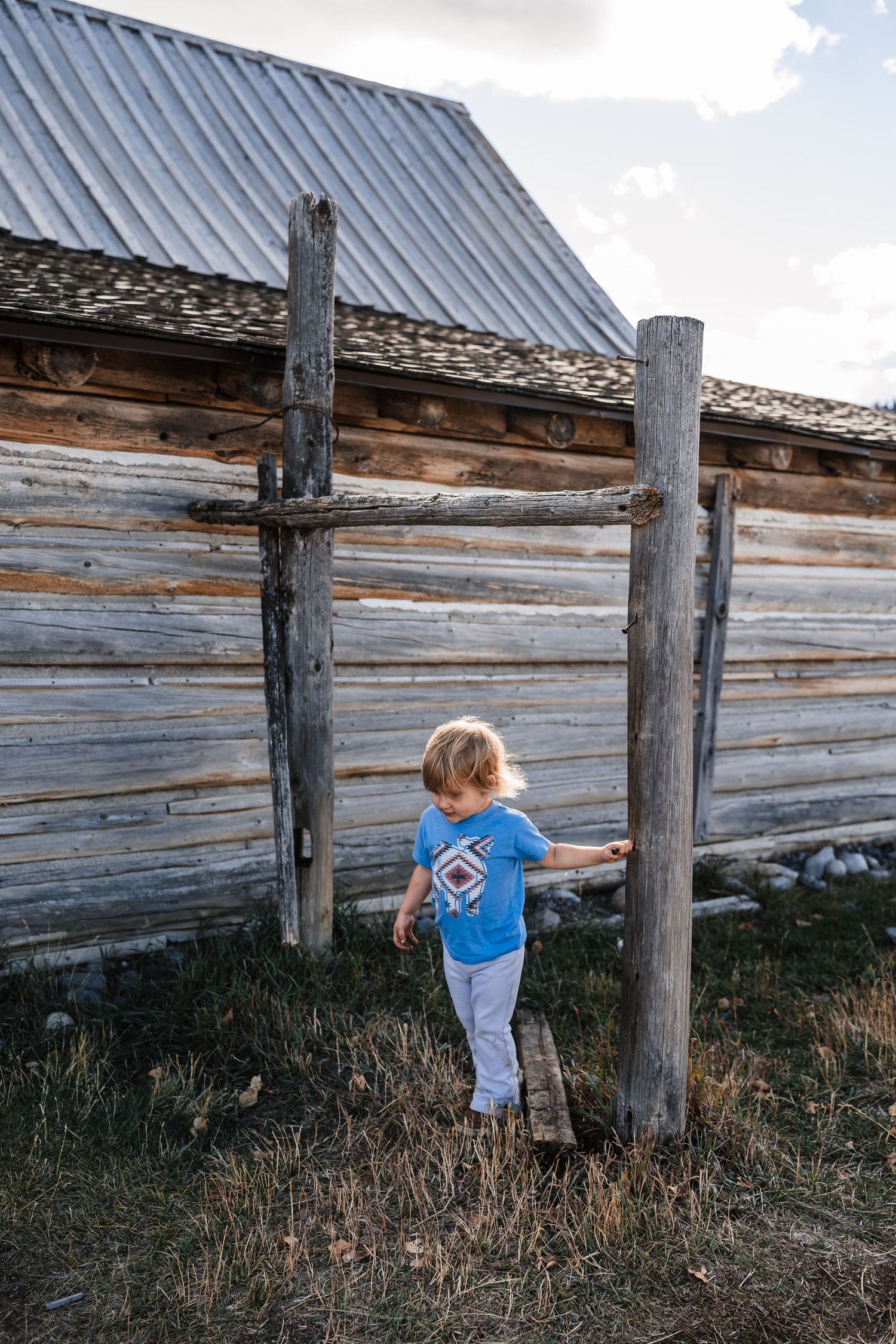 A child in blue shirt and jeans explores an old weathered wooden barn wall in a rustic outdoor setting.