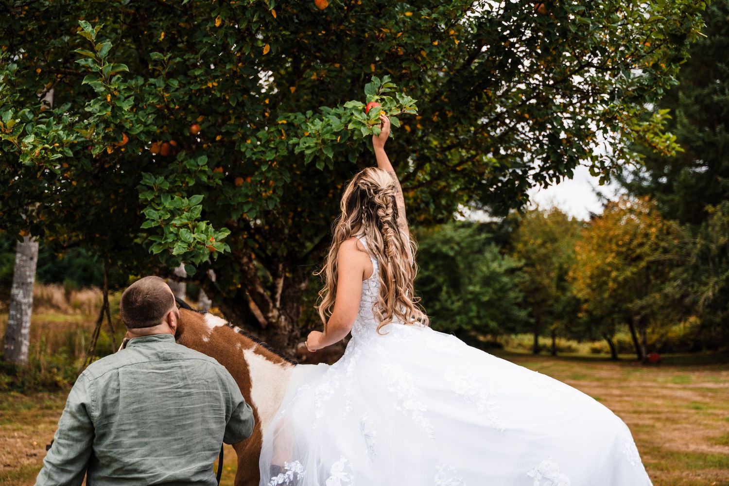 A flowing white wedding dress is shown from behind in an outdoor garden setting with trees.