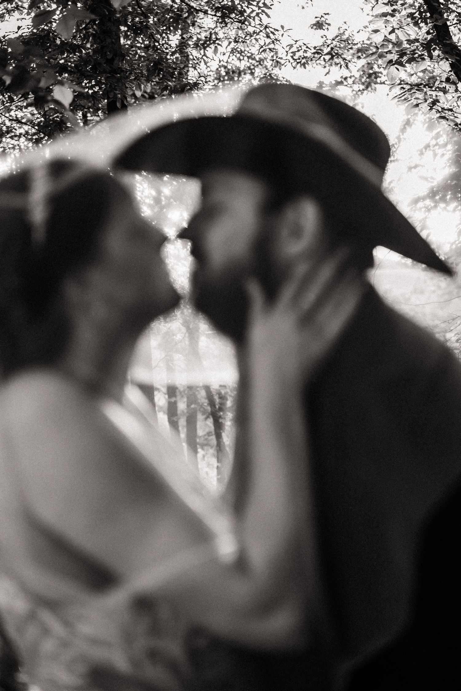 An artistic black and white silhouette captures an intimate wedding moment beneath trees.