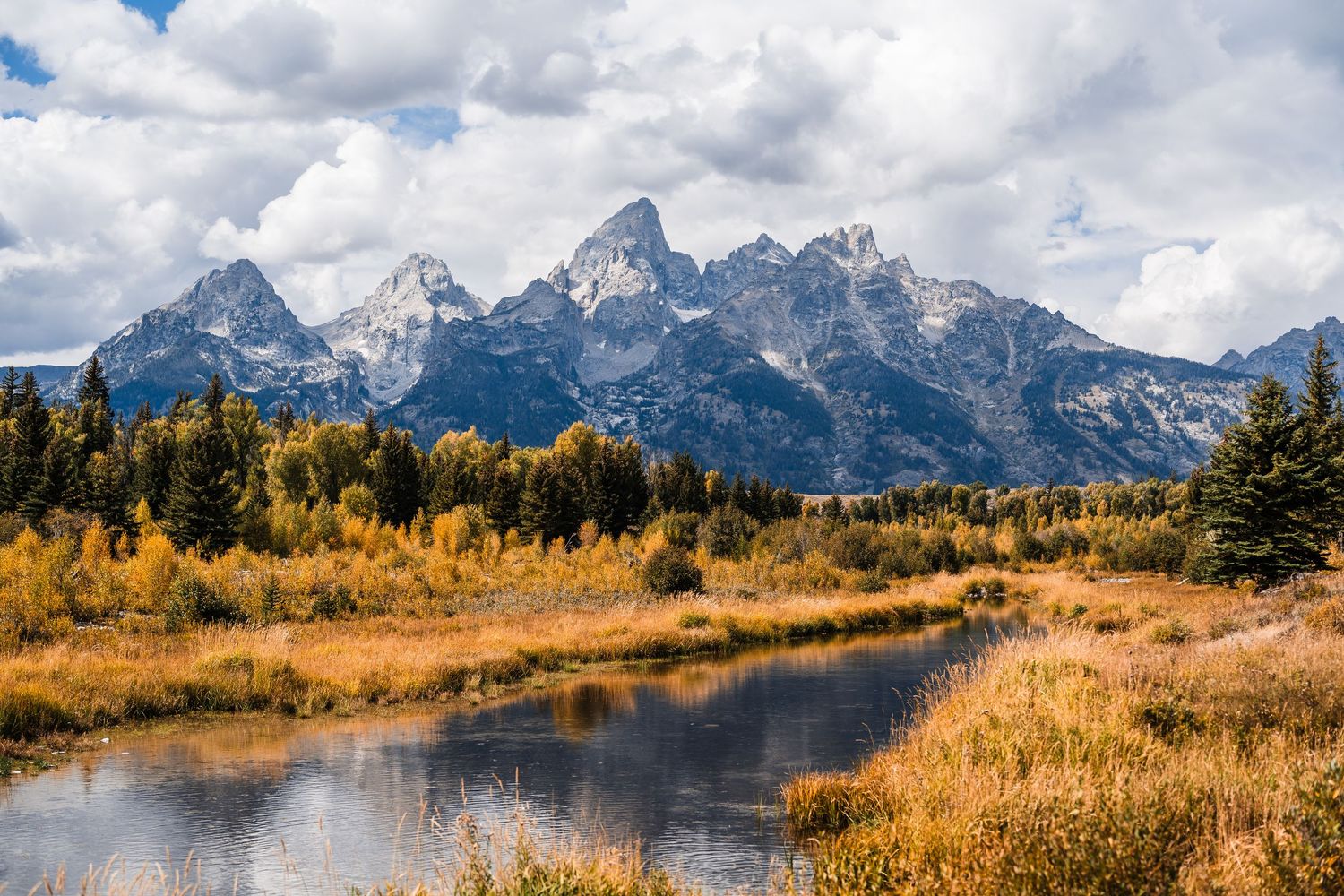 Dramatic mountain range with jagged peaks rising above golden autumn meadows under a cloudy sky.