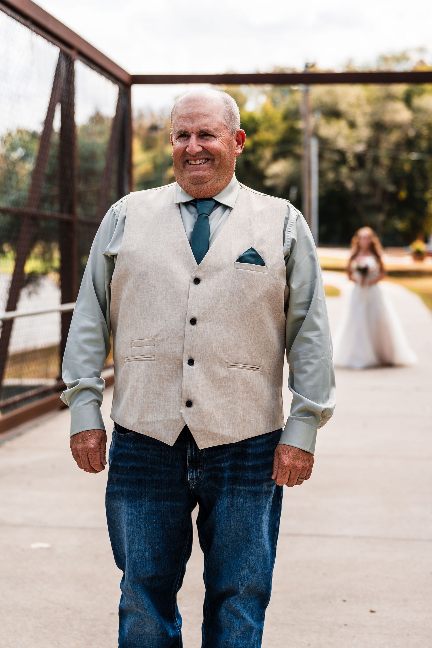 A sequence of casual photos showing a person wearing a beige vest and blue jeans walking outdoors.