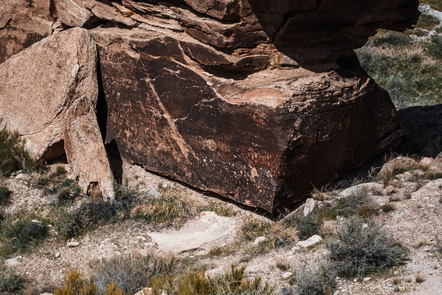Close-up of weathered desert rock face showing natural texture and patterns.