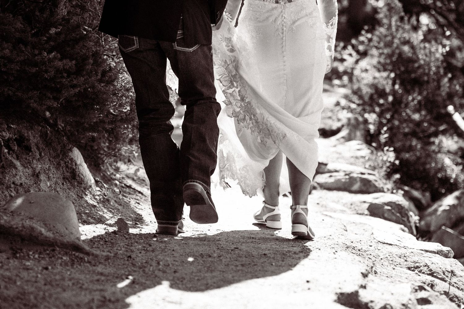 Black and white photo series showing feet walking on a rocky mountain trail.