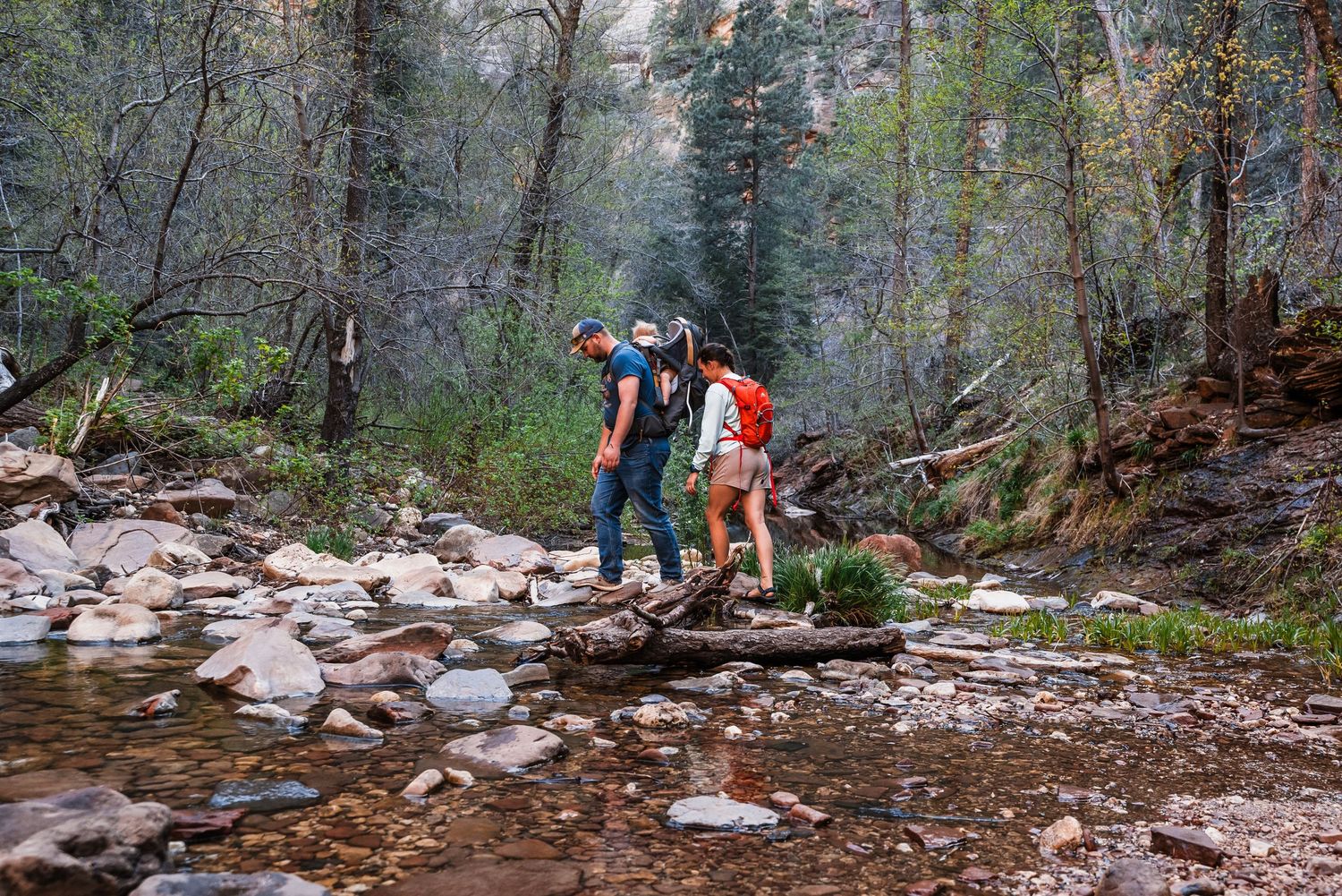 Two hikers carefully cross a rocky stream in a lush forest while carrying backpacks on a hiking trail.