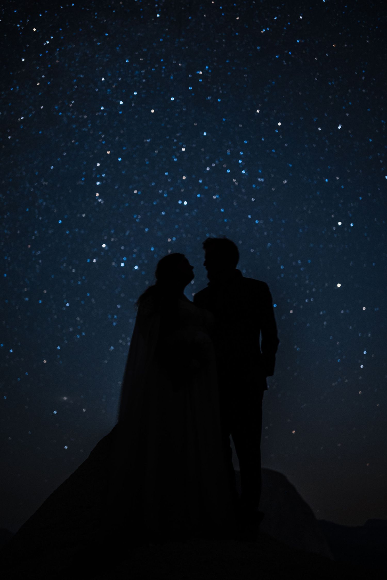 Silhouettes of a group of people gazing at a star-filled night sky against a dark mountainous backdrop.