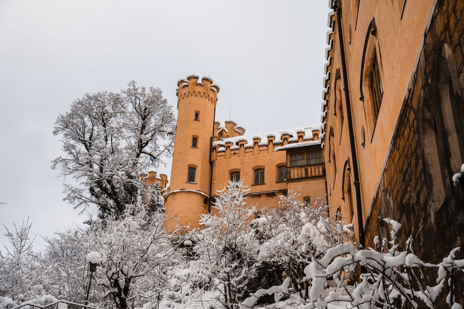Snow-covered trees frame a historic castle tower with orange-tinted stone walls against a winter sky.