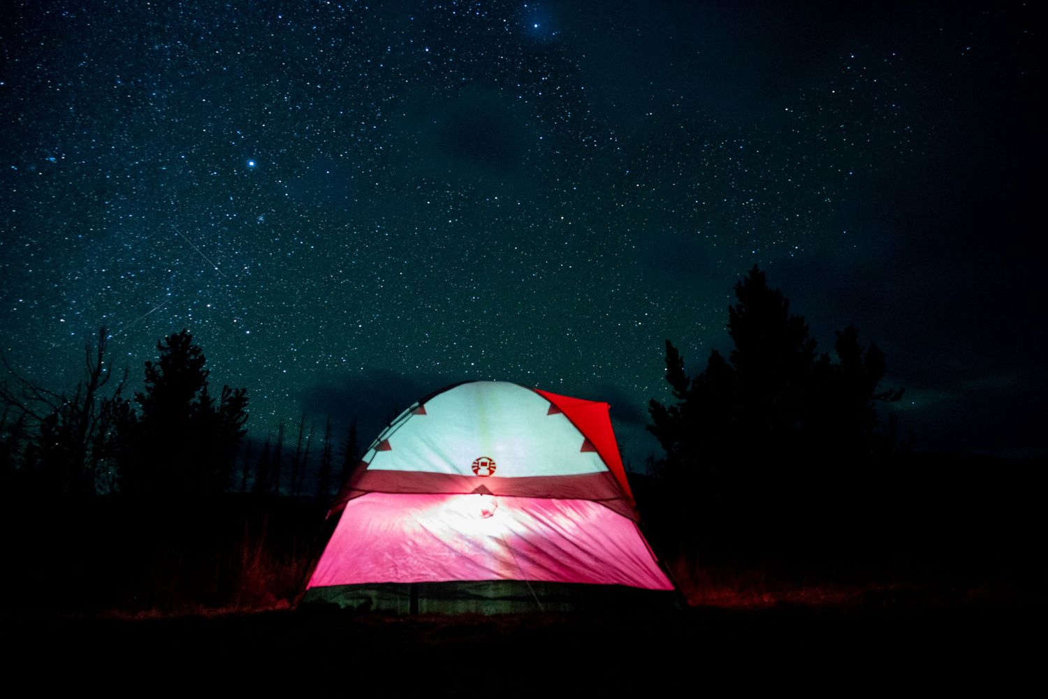 A red-lit tent glows beneath a starry night sky with silhouetted trees in the background.
