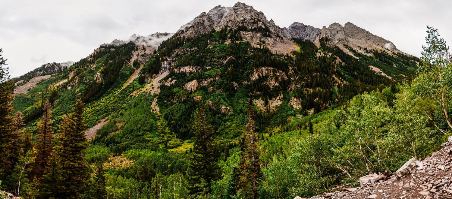 Panoramic view of majestic mountain peaks surrounded by green forest landscape.