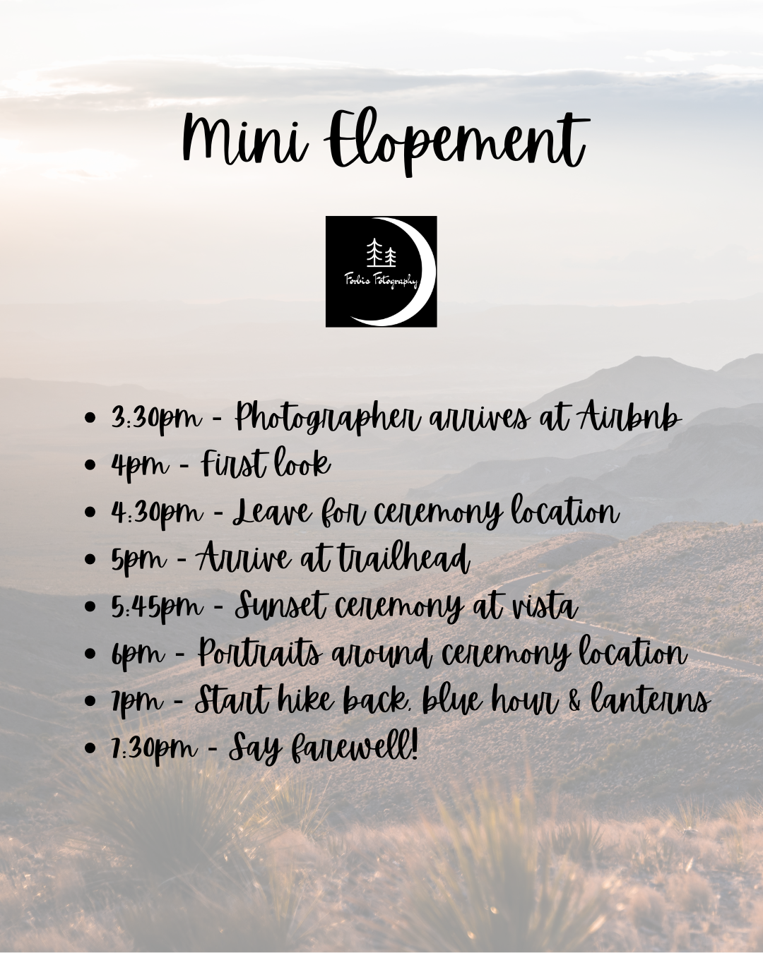 A wedding day timeline titled 'Mini Elopement' displays scheduled events from 3:30pm to 7:30pm on a misty landscape background.