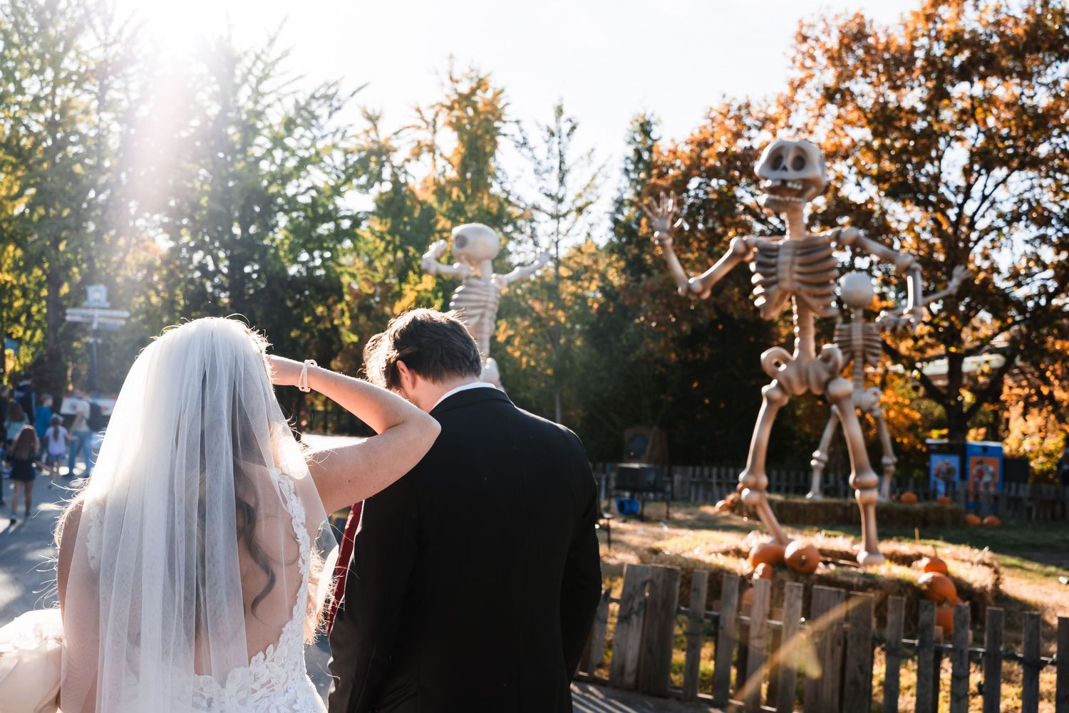 Couple embraces under sunny autumn trees at outdoor wedding venue.