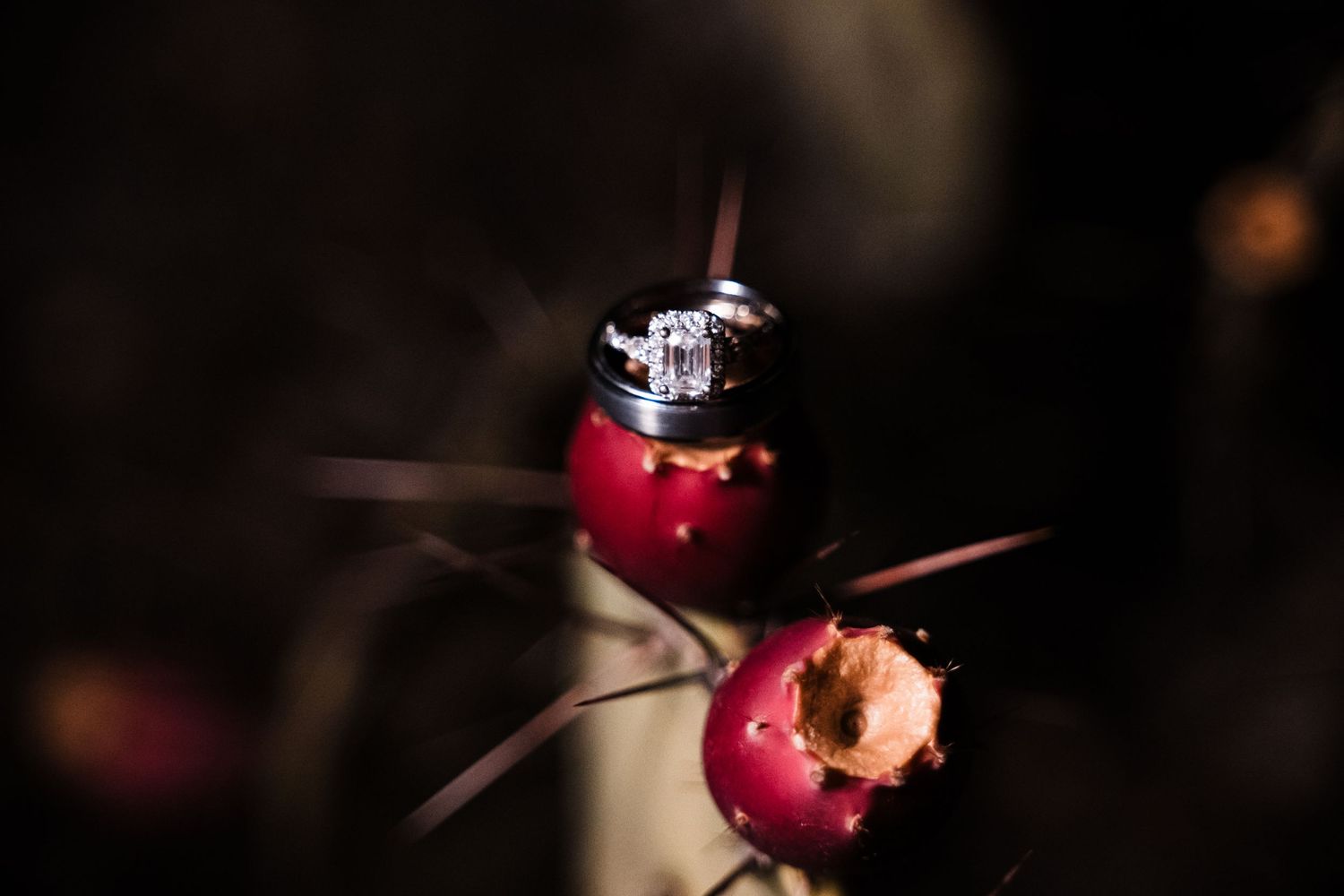 Diamond engagement ring placed artistically on red berries with dark background.