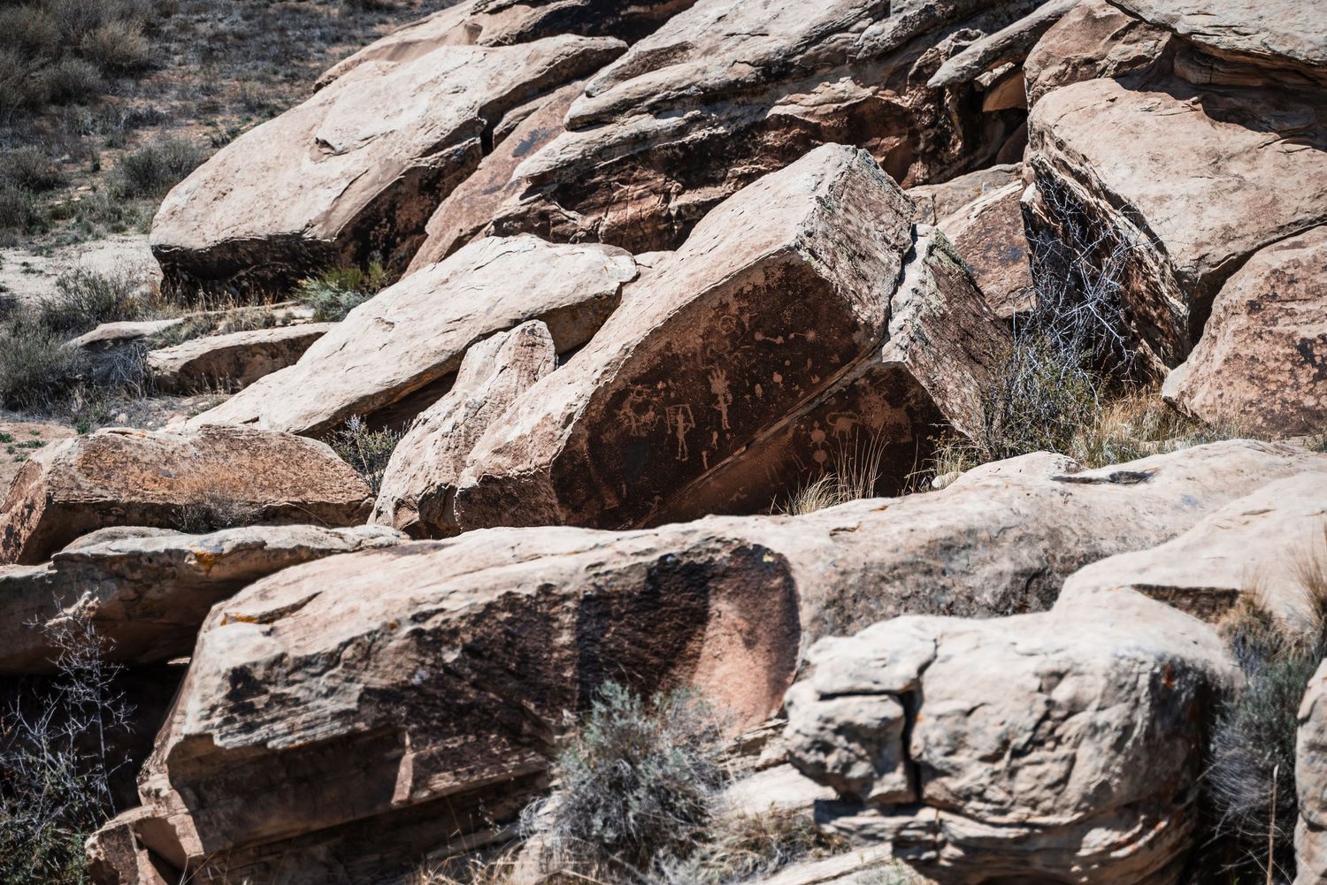 Weathered desert rocks and boulders scattered across a rocky landscape.