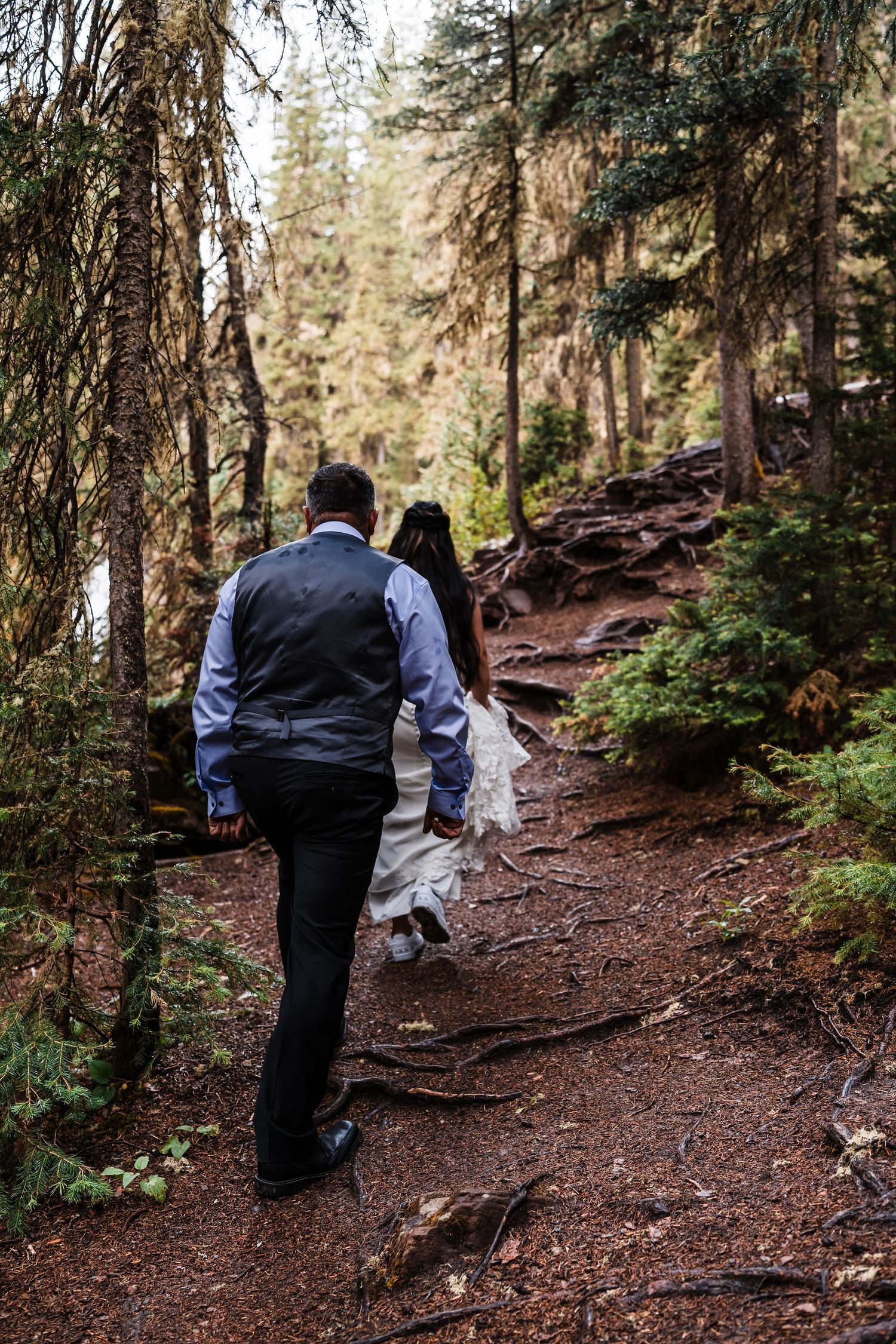 Bride and groom walk away hand in hand along a rustic forest trail lined with tall pines.