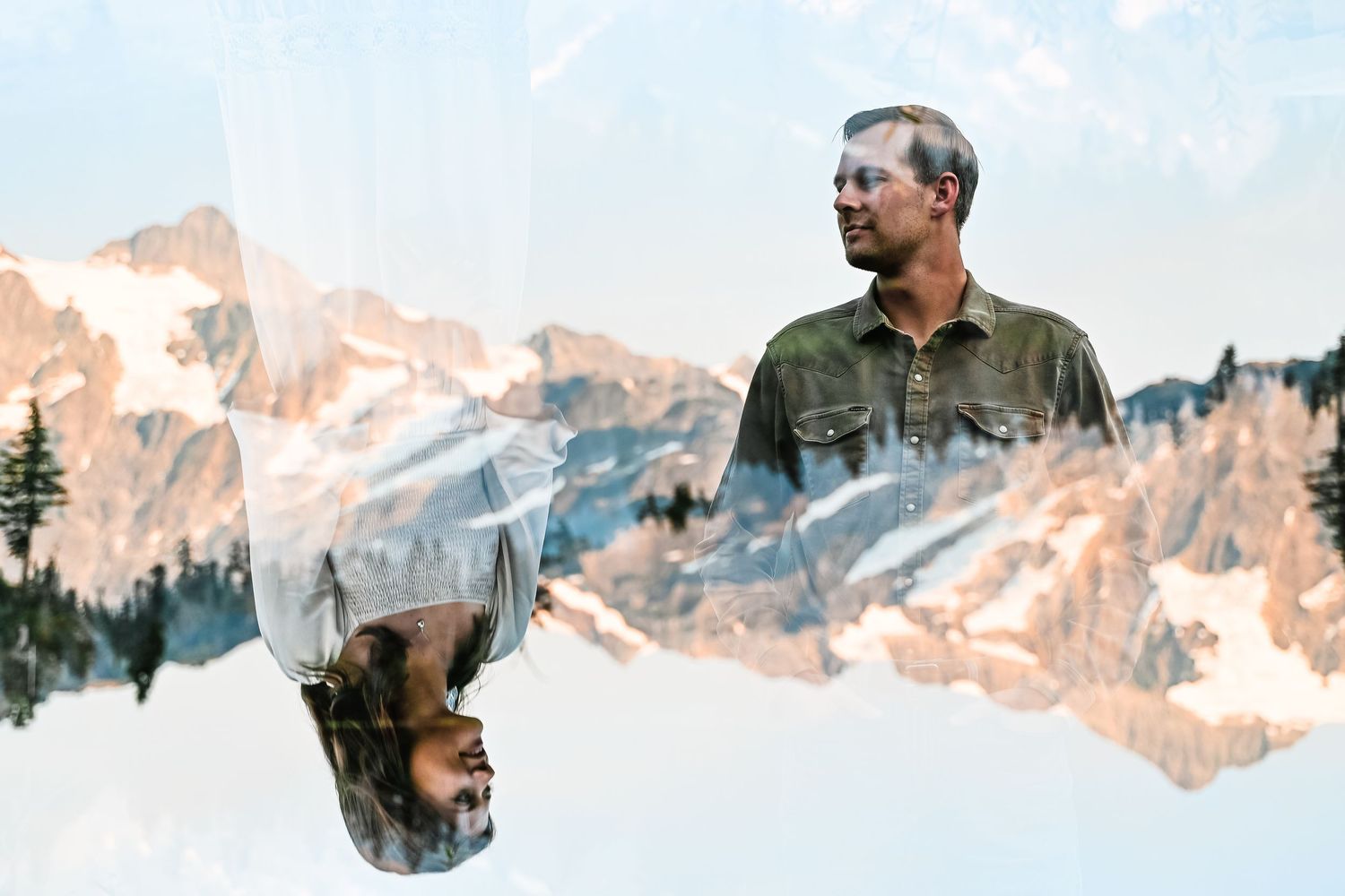Double exposure portrait combining a person in a green jacket with a scenic mountain landscape at sunset.