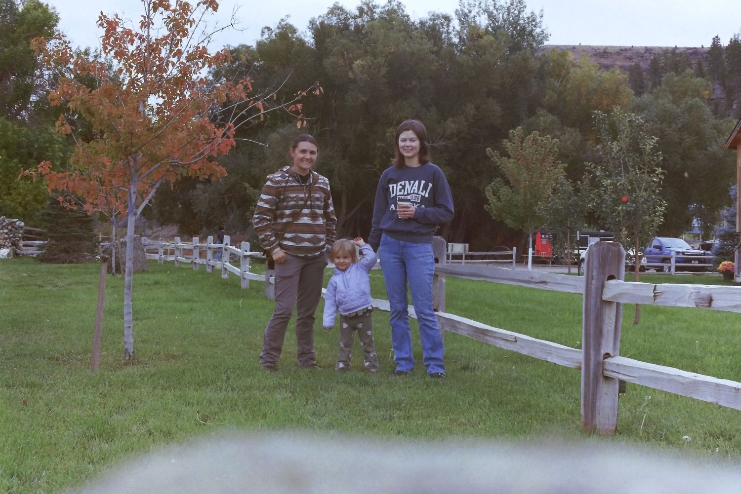 A series of outdoor fall scenes with white fencing and autumn trees along a pathway.