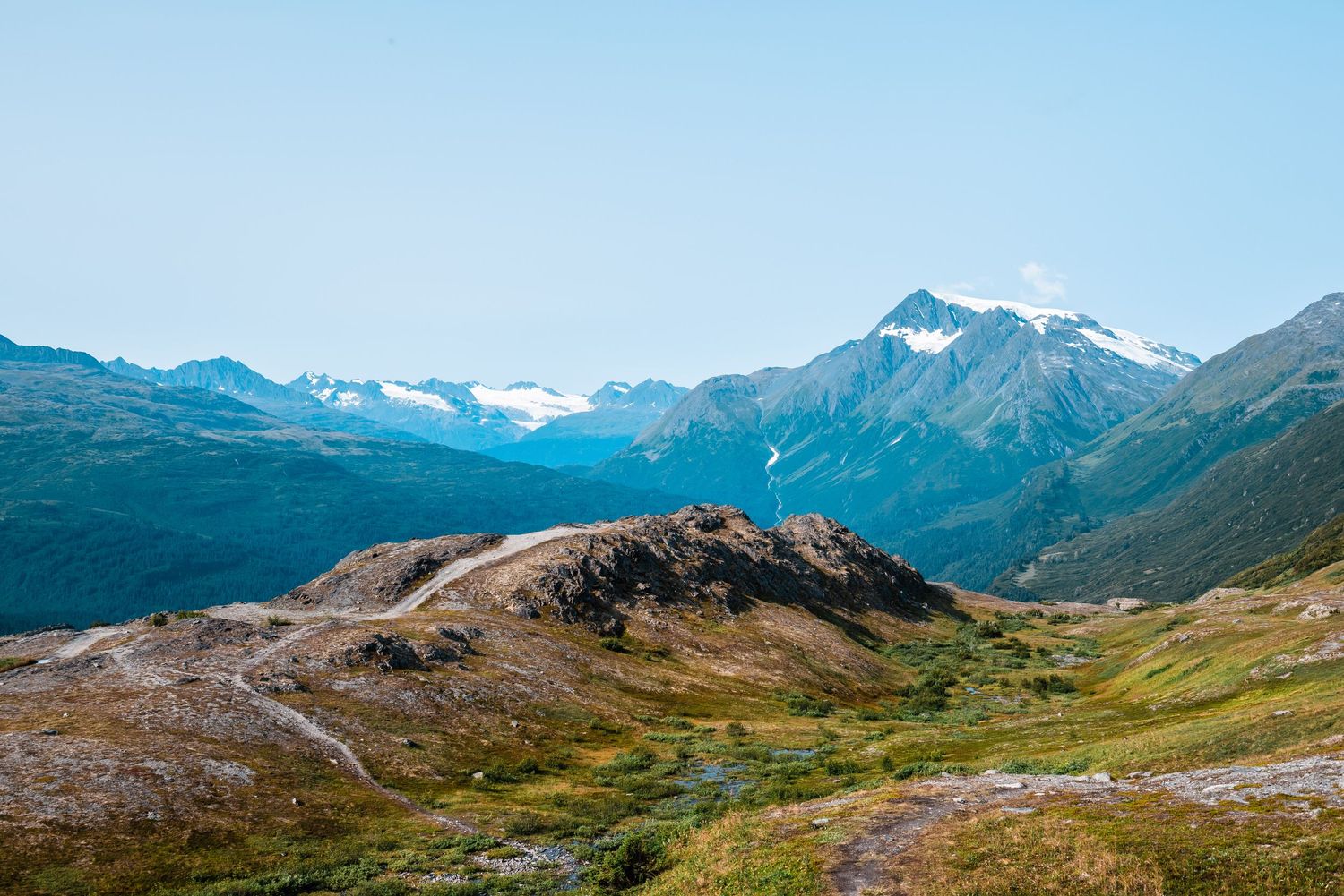 Rolling alpine meadows lead to snow-capped mountain peaks under a clear blue sky.