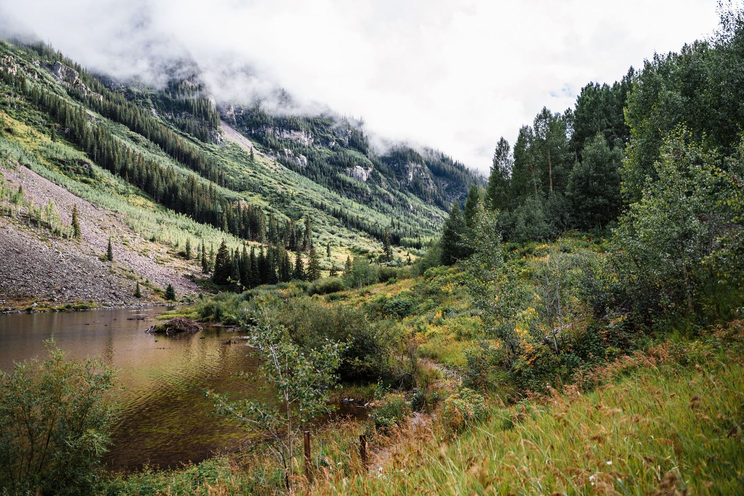 Misty mountain lake surrounded by evergreen forests and alpine meadows in a serene mountain valley.