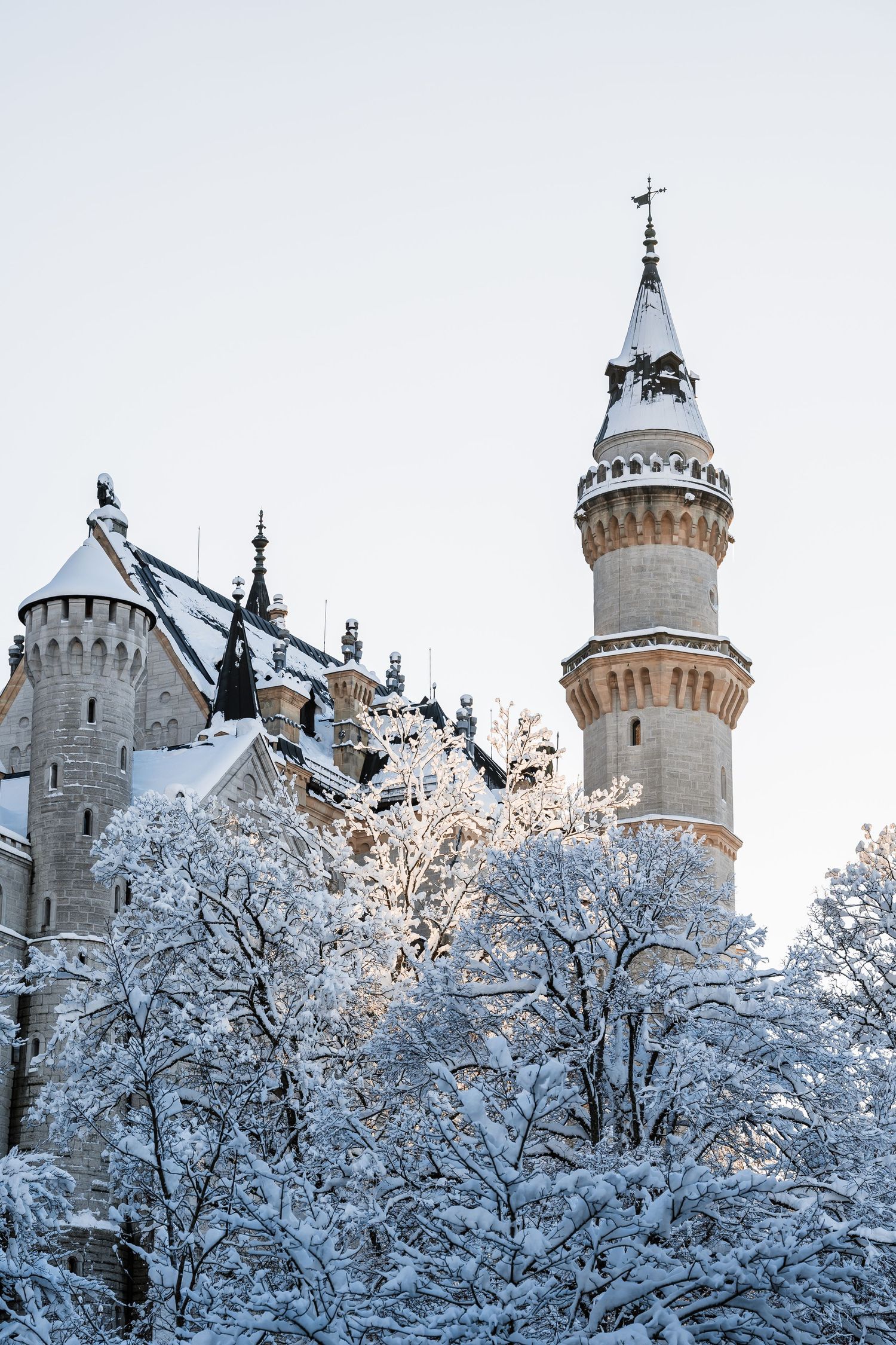 Snow-covered turrets and spires of Neuschwanstein Castle rise against white winter sky.