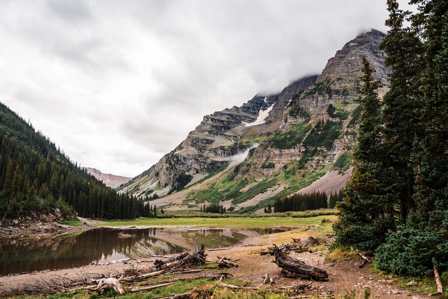 Dramatic mountain landscape with lake and fallen logs in foreground under cloudy sky.