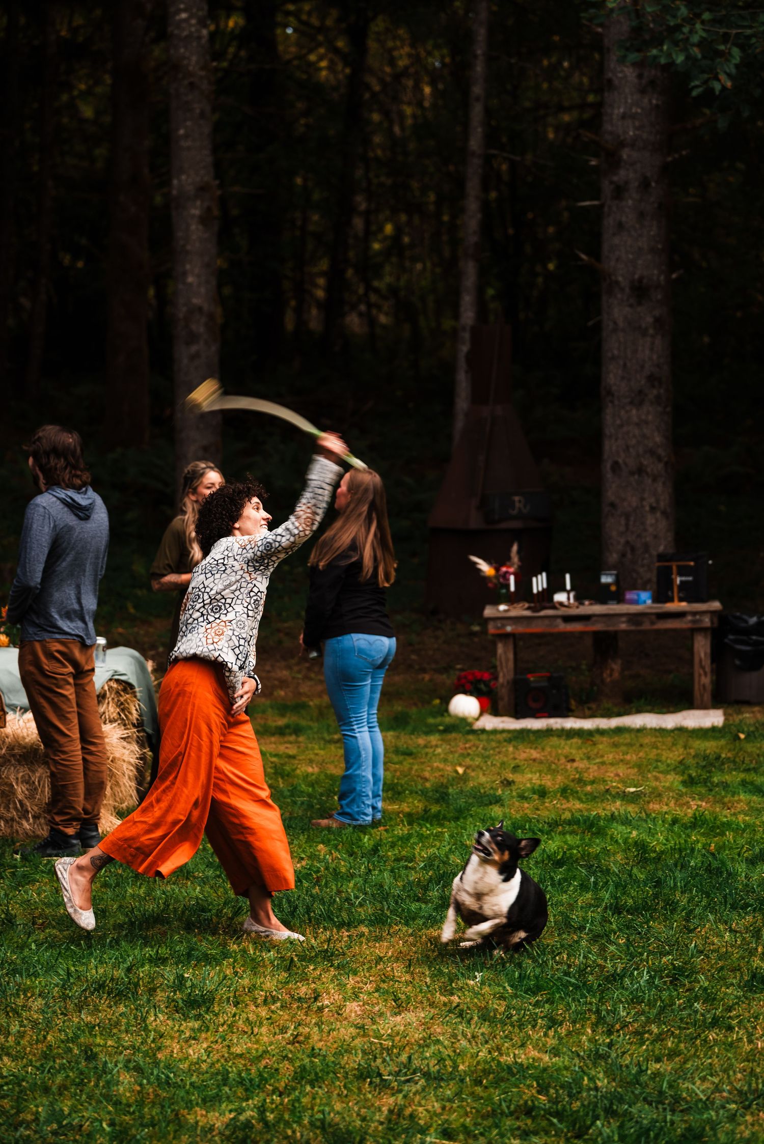 A playful scene in a backyard with a Border Collie watching people dance and move near an outdoor table setup.